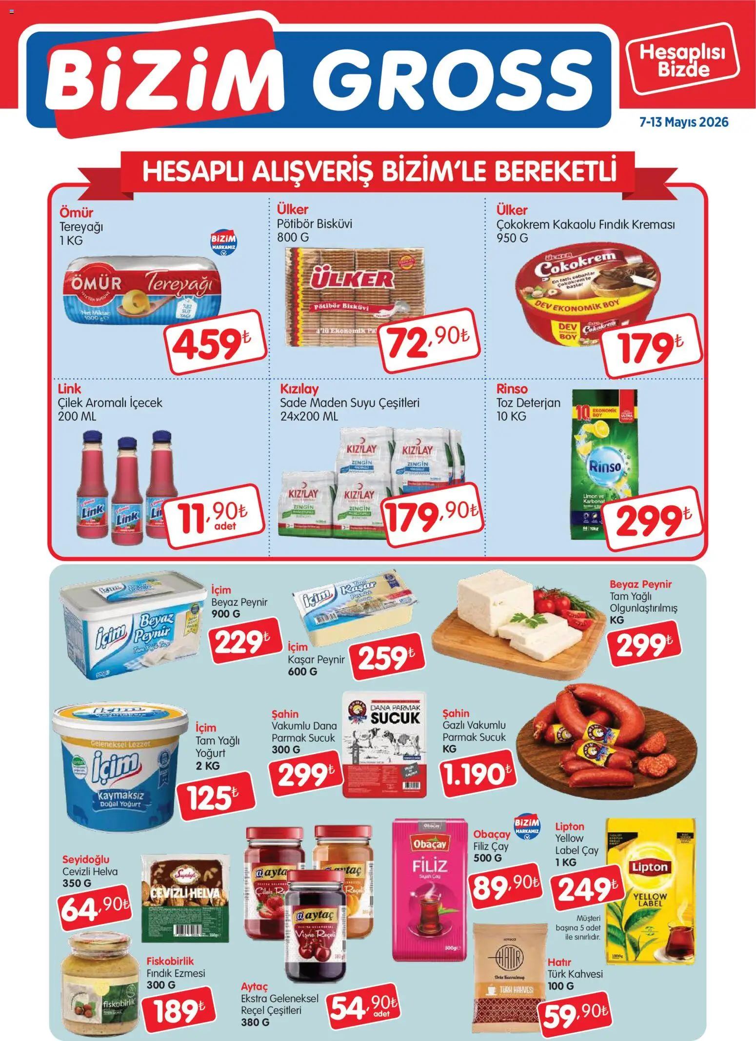 Bizim Toptan - Bizim Gross Fırsat Bülteni - 07.05.2026 tarihinden itibaren geçerlidir | Sayfa: 1 | Ürünler: Tereyağı, Peynir, Çay, Limon