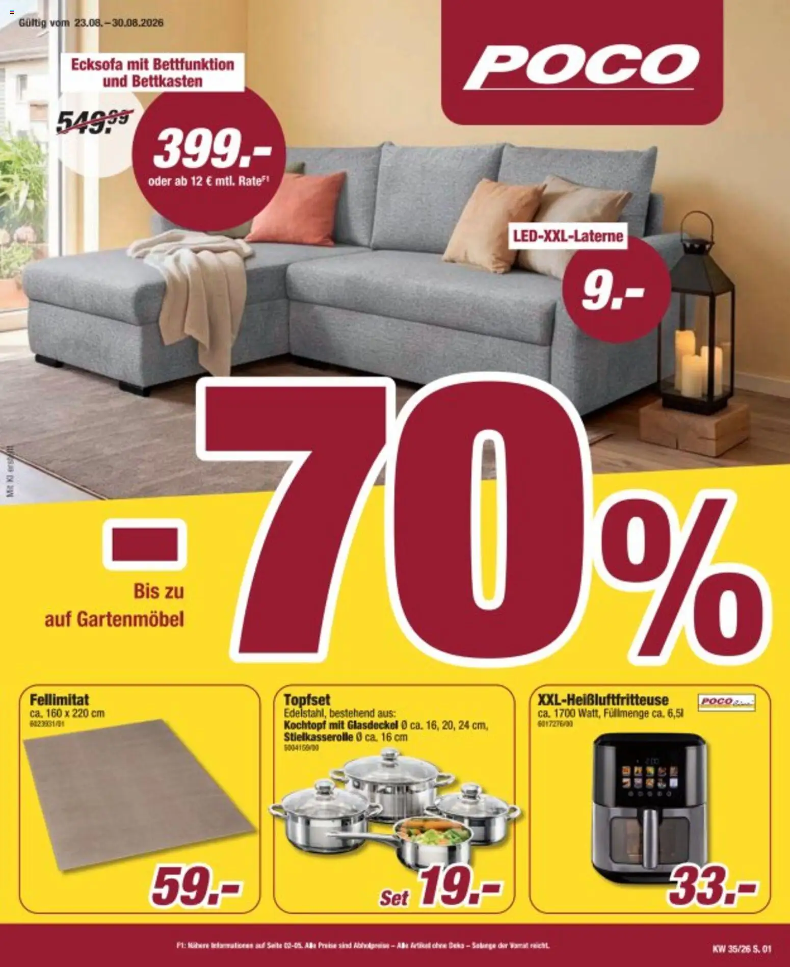Poco Prospekt – gültig ab 23.08.2026 | Seite: 1 | Produkte: Ecksofa, Gartenmöbel