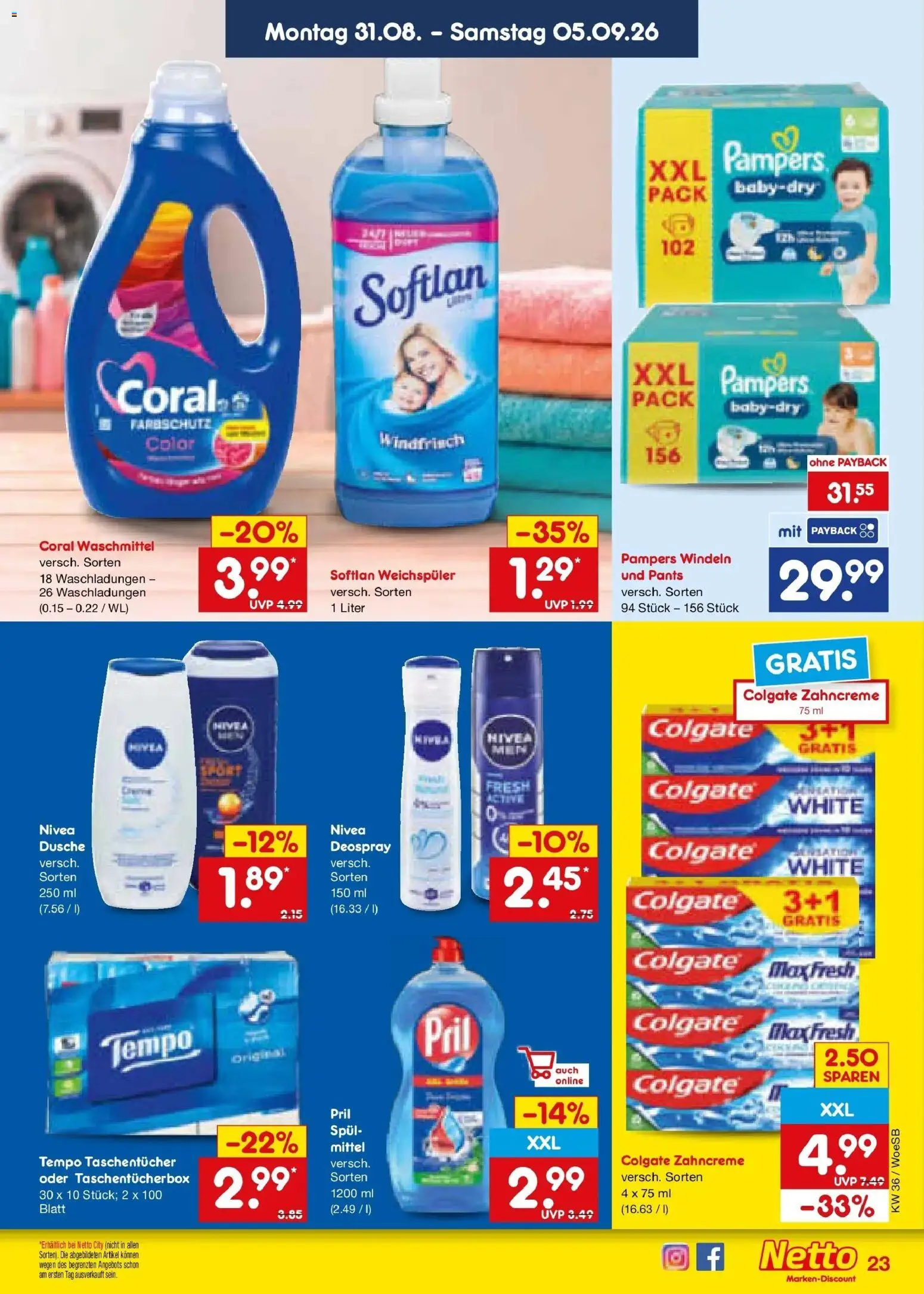 Netto Marken-Discount Prospekt Gemmingen (ab 31.08.2026) » Angebote | Seite: 31 | Produkte: Taschentücher, Pampers, Weichspüler, Tempo