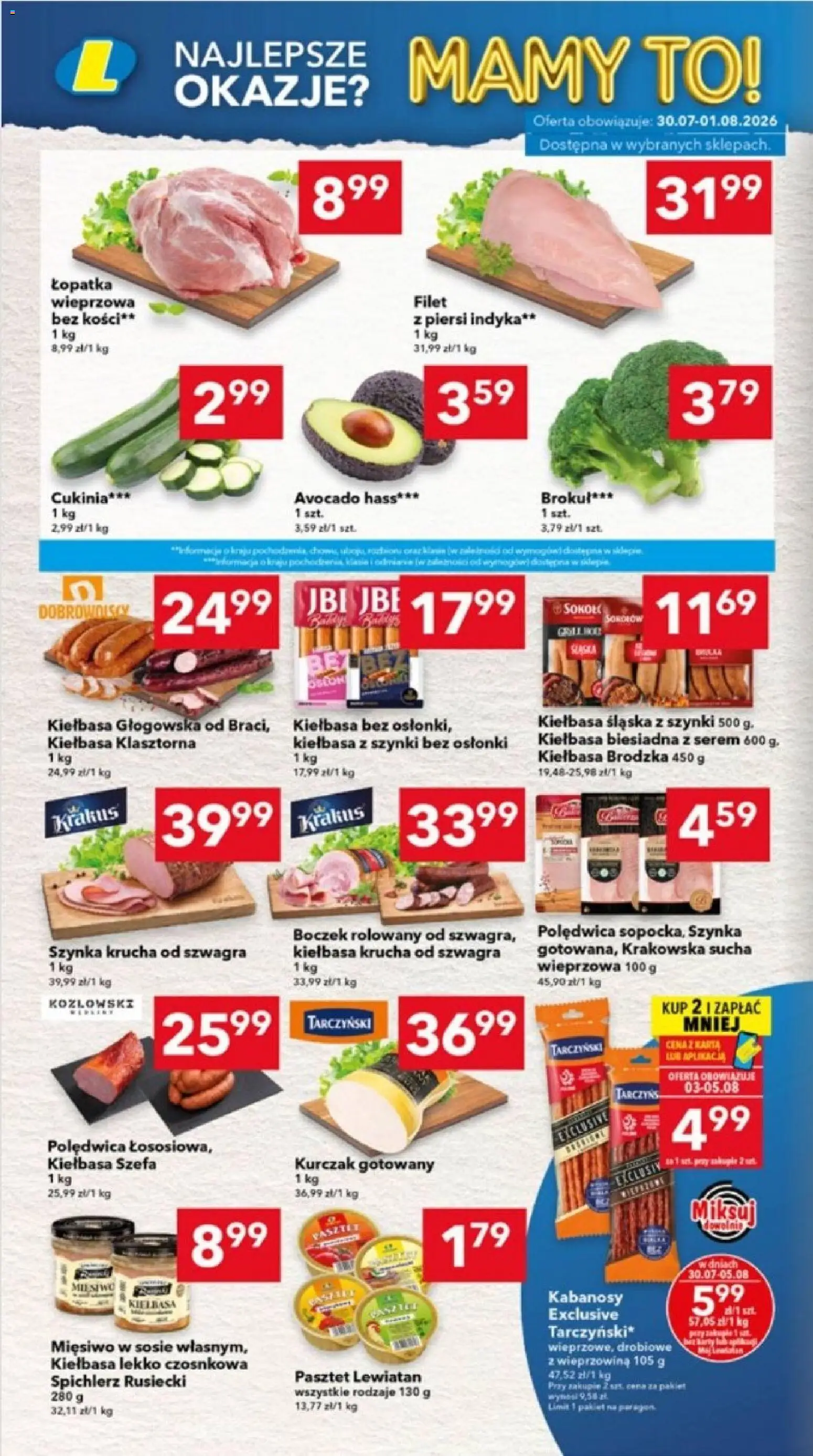 Lewiatan gazetka - Ostrów Wielkopolski od 30.07.2026 | Strona: 2 | Produkty: Brokuł, Cukinia, Kiełbasa śląska, Boczek