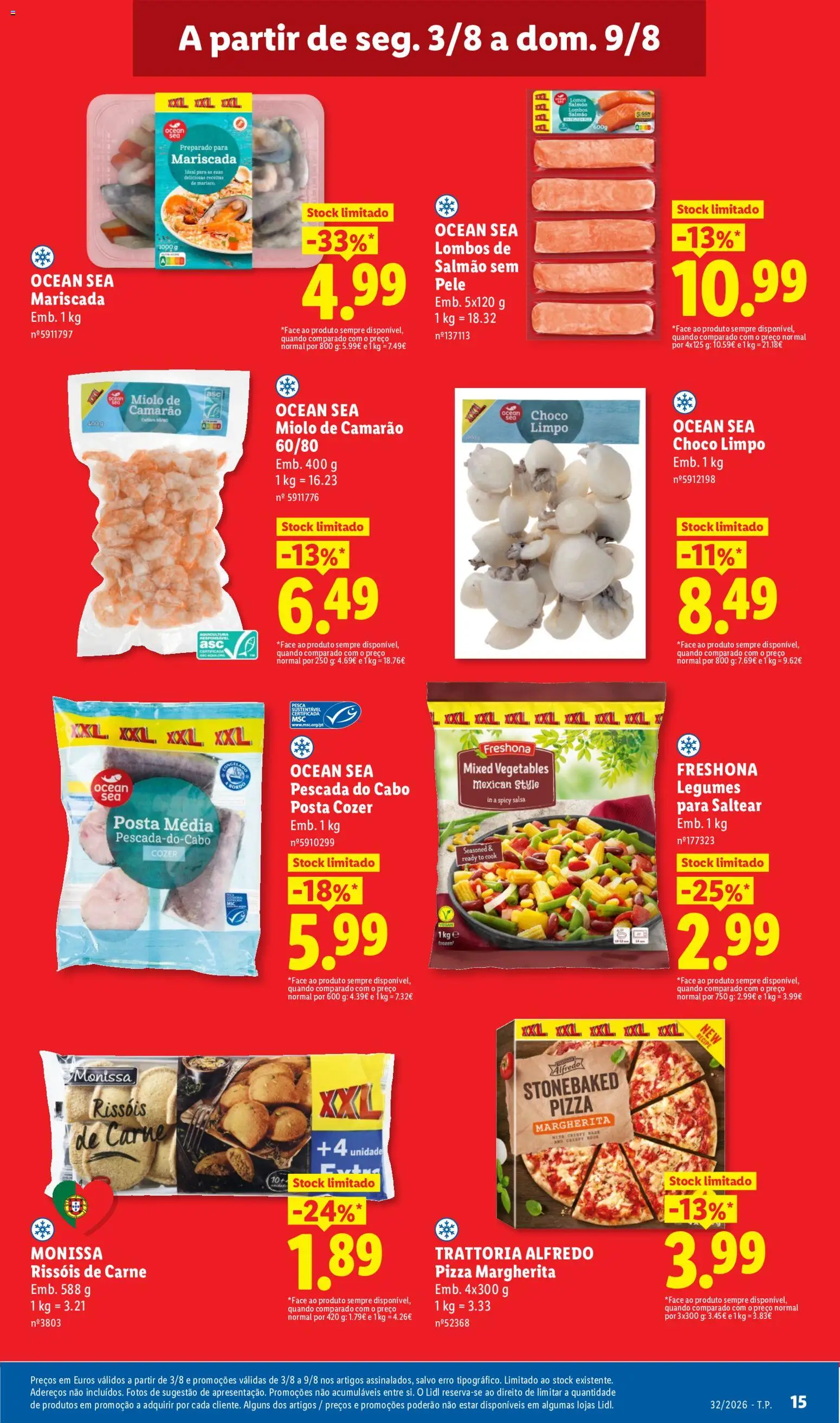 Lidl folheto │ válido de 03/08/2026 | Página: 15 | Produtos: Camarão, Base, Pescada do cabo, Carne