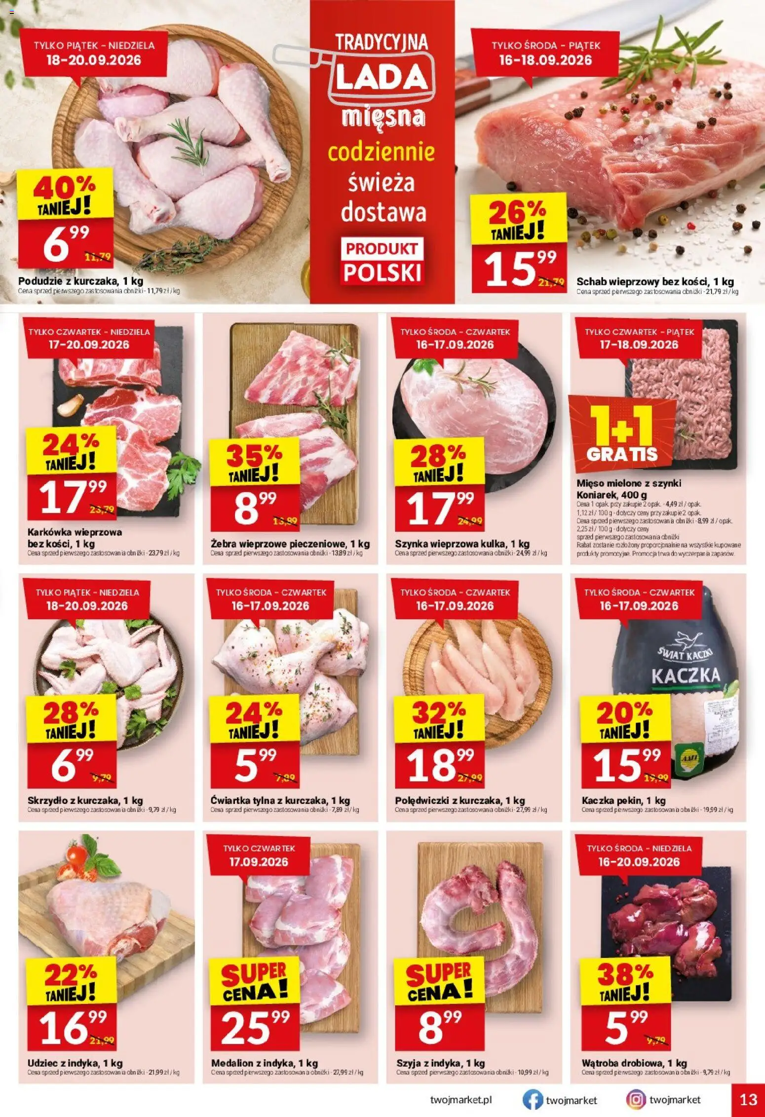 Twój Market gazetka od 16.09.2026 | Strona: 13 | Produkty: Karkówka, Mięso, Schab wieprzowy, Polędwiczki