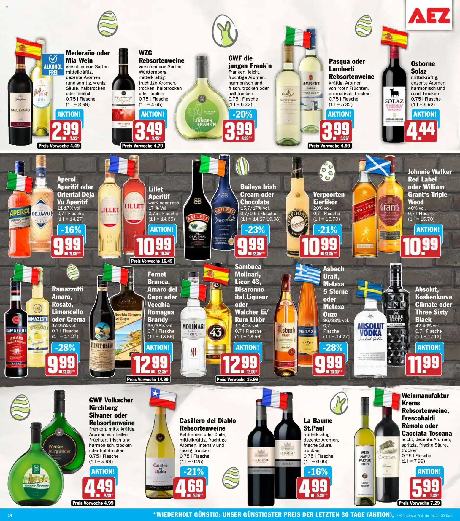 AEZ Prospekt 	 – gültig ab 30.03.2026 | Seite: 14 | Produkte: Merlot, Metaxa, Aperol, Wein