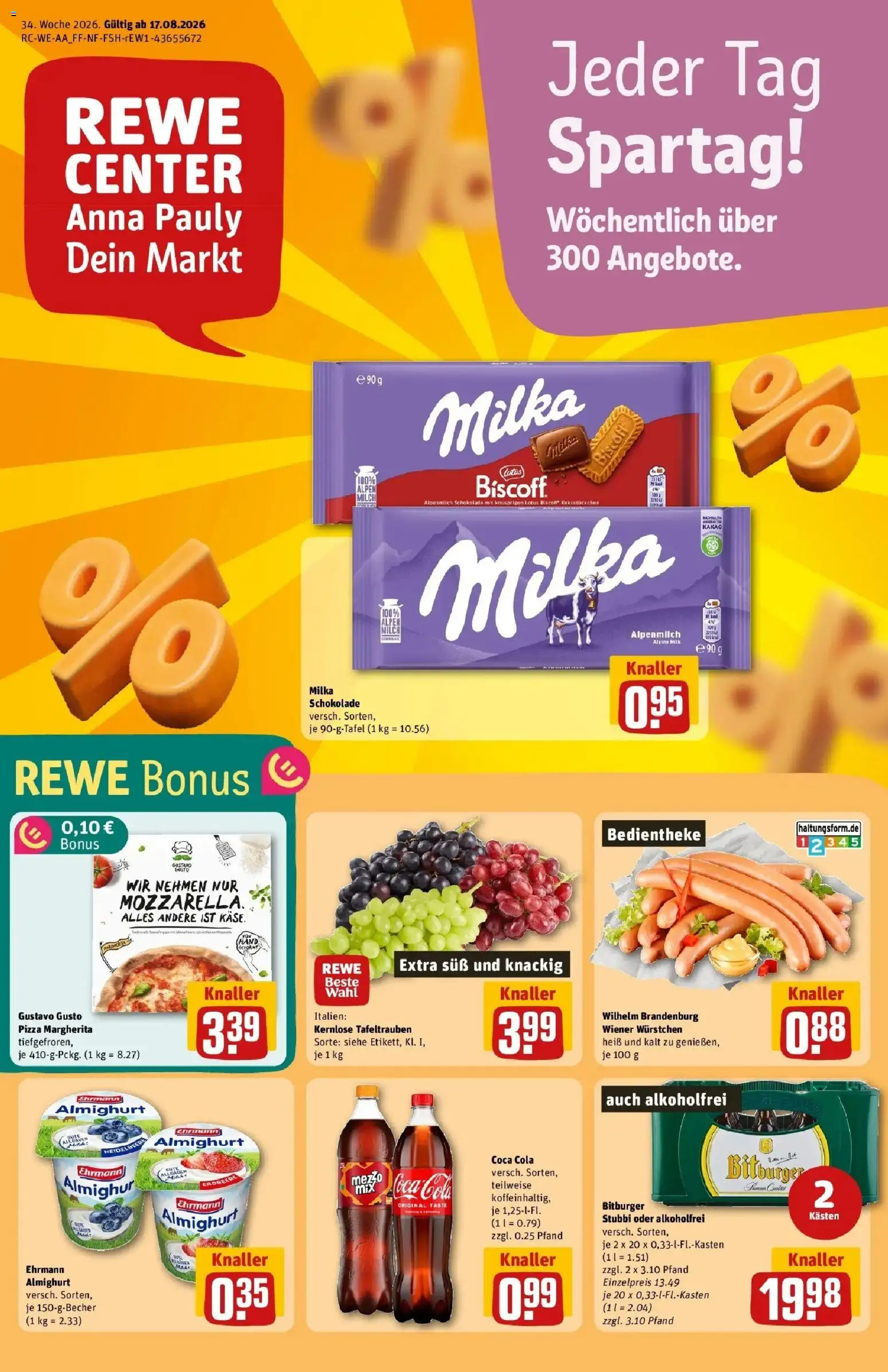 REWE Prospekt ab 17.08.2026 zum Blättern » Angebote | Seite: 1 | Produkte: Gustavo gusto, Wiener wurstchen, Coca cola, Cola