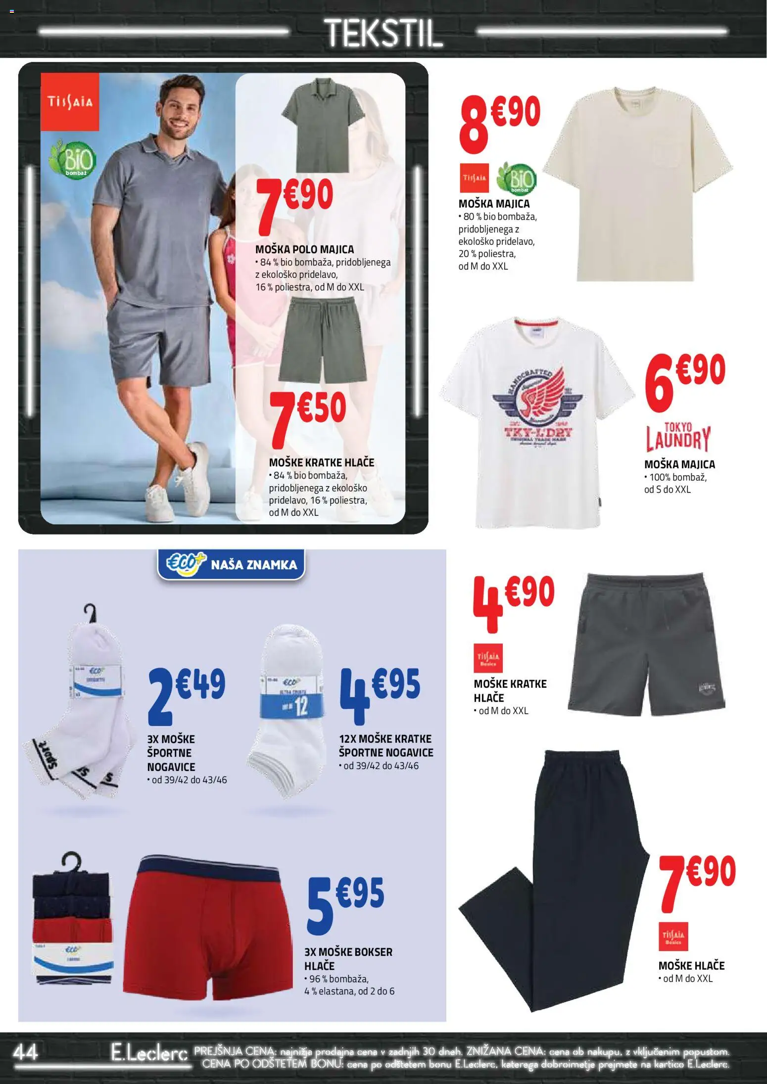 Novi E.leclerc katalog ponudbe – veljaven od 05.08.2026 | Stran: 44 | Izdelki: Majica, Hlace, Kratke hlace, Nogavice