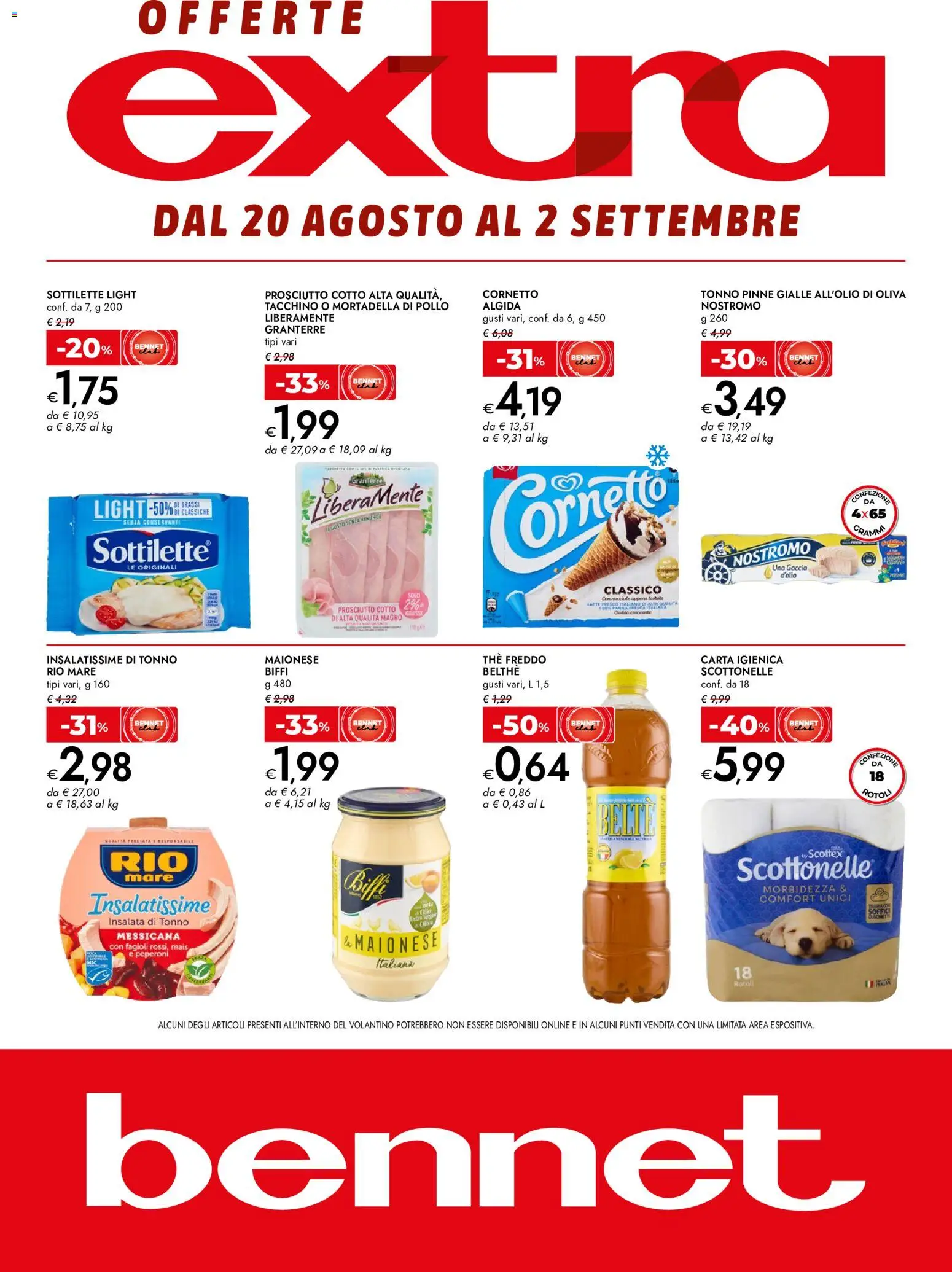 Volantino bennet del 20/08/2026 | Pagina: 1 | Prodotti: Prosciutto Cotto, Peperoni, Cornetto, Maionese