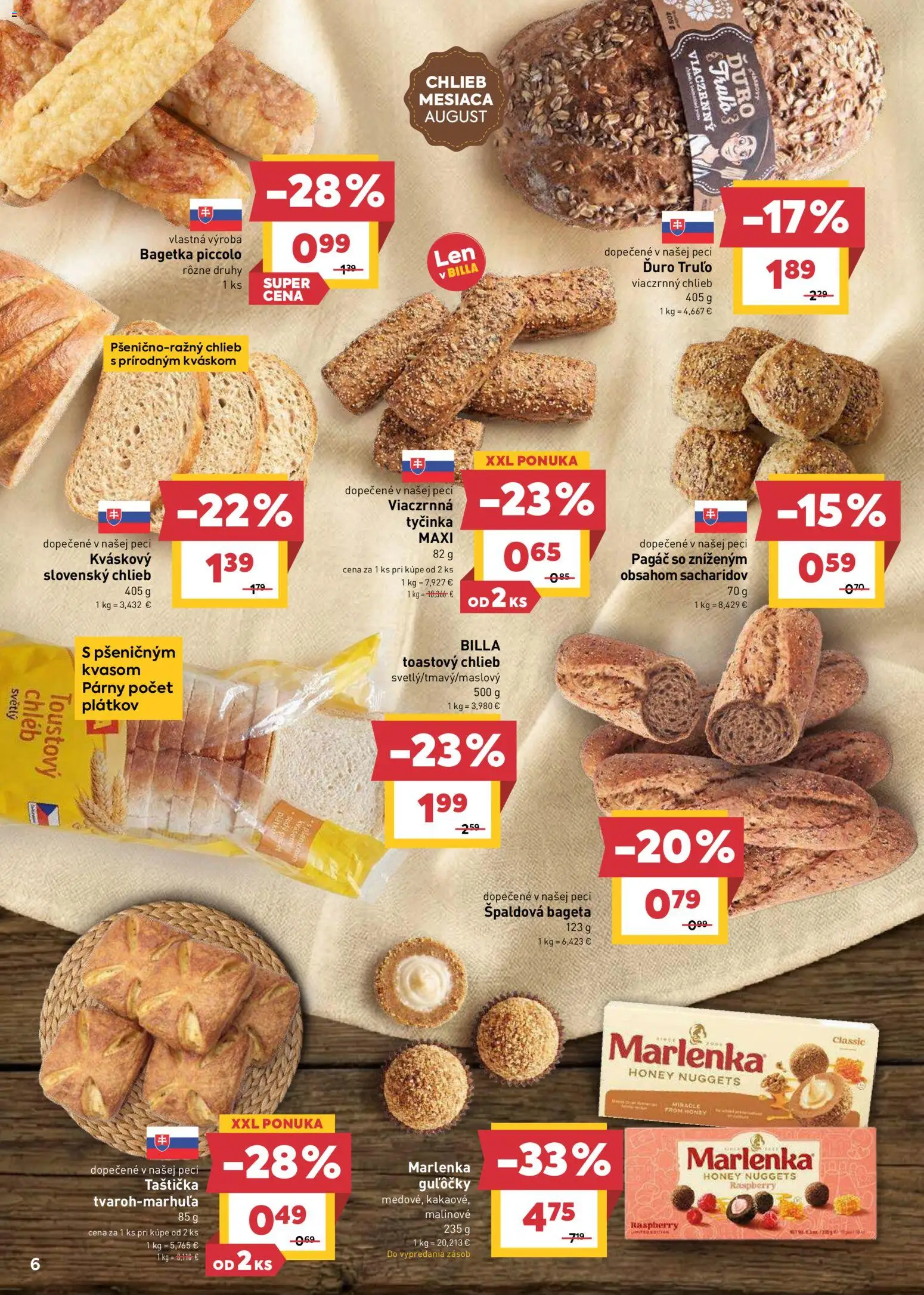 Nové Billa akcie – leták je platný od 29.07.2026 | Strana: 6 | Produkty: Chlieb, Bageta, Toastový chlieb, Marlenka
