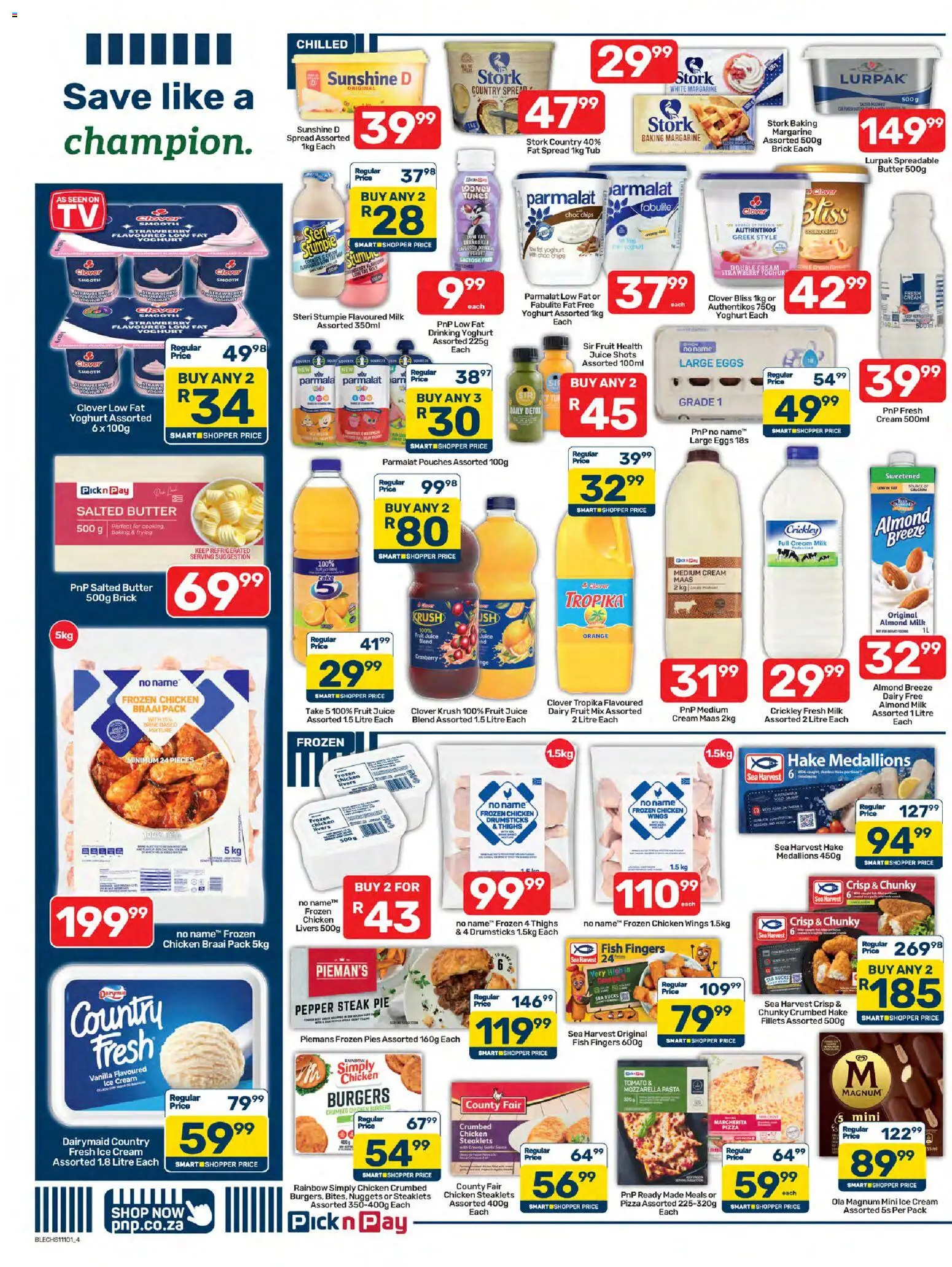 New Pick n Pay catalogue – valid from 07/08/2026 | Page: 4 | Products: Frozen chicken, Pizza, Fish, Pasta