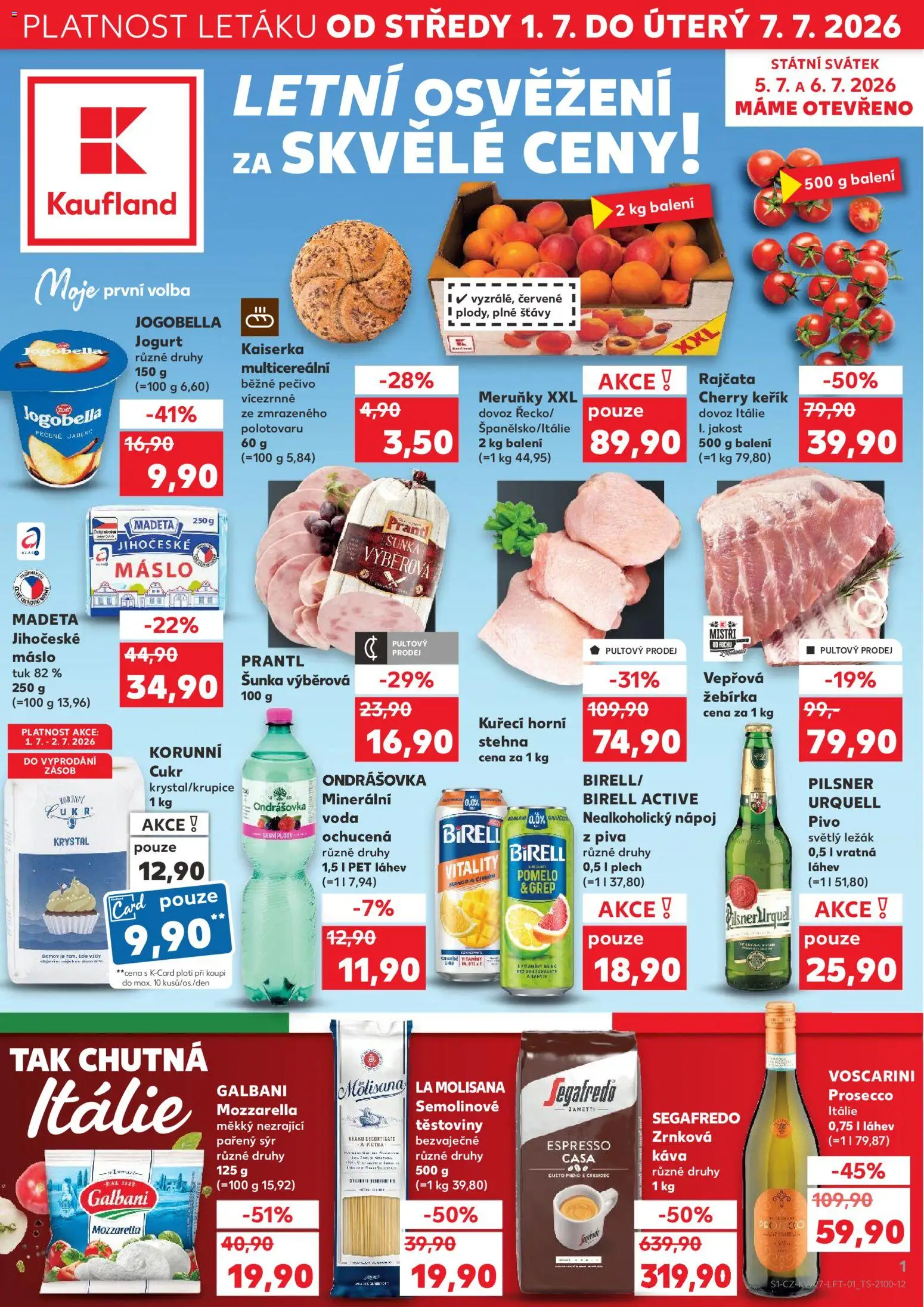 Kaufland leták - Plzeň od 01.07.2026 | Strana: 1 | Produkty: Voda, Máslo, Madeta Jihočeské máslo, Mozzarella