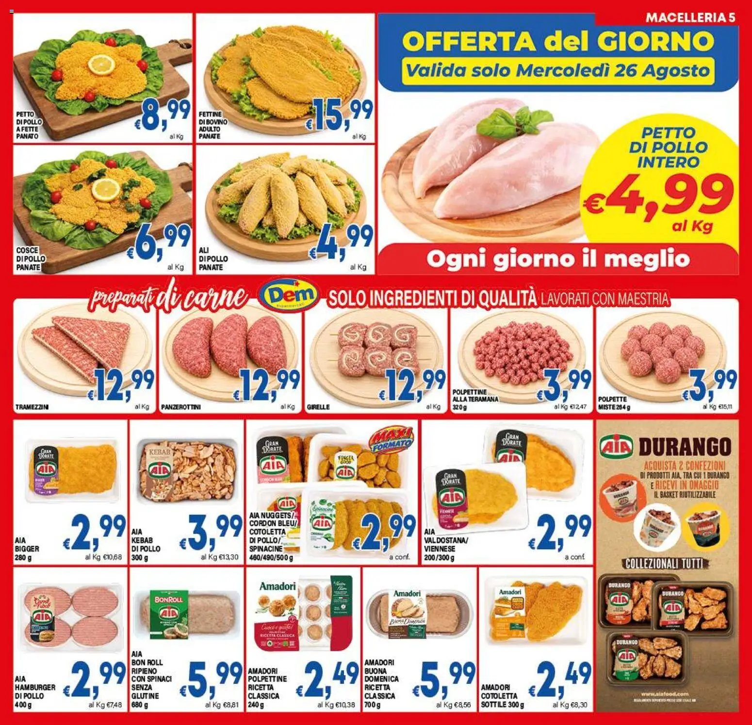 Volantino DEM del 21/08/2026 | Pagina: 5 | Prodotti: Spinaci, Carne, Ingredienti, Polpette