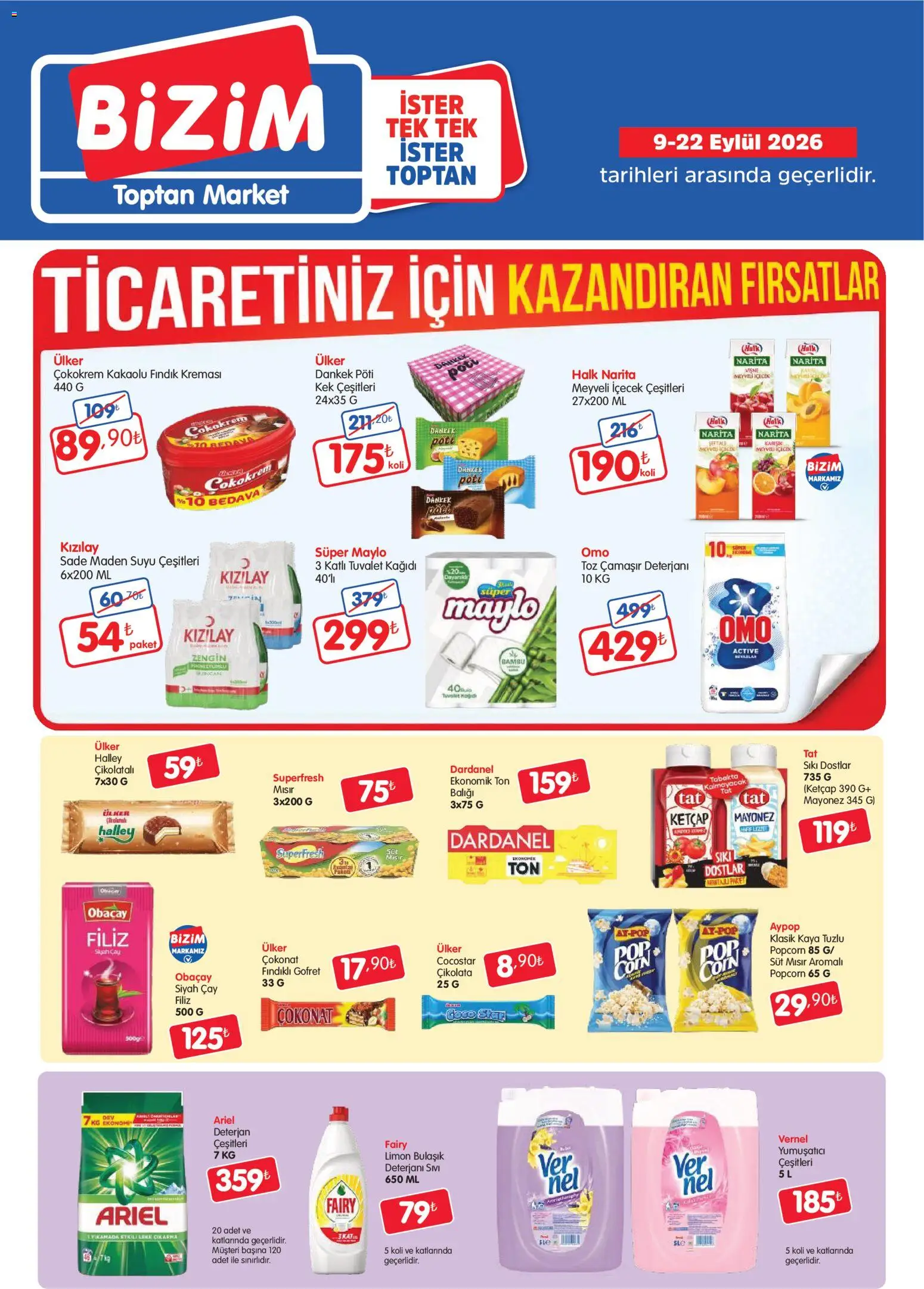 Bizim Toptan - Geleneksel kanal kataloğu - 09 Eylül 2026 tarihinden itibaren geçerlidir | Sayfa: 1 | Ürünler: Süt, Yumuşatıcı, Mayonez, Tuvalet kağıdı