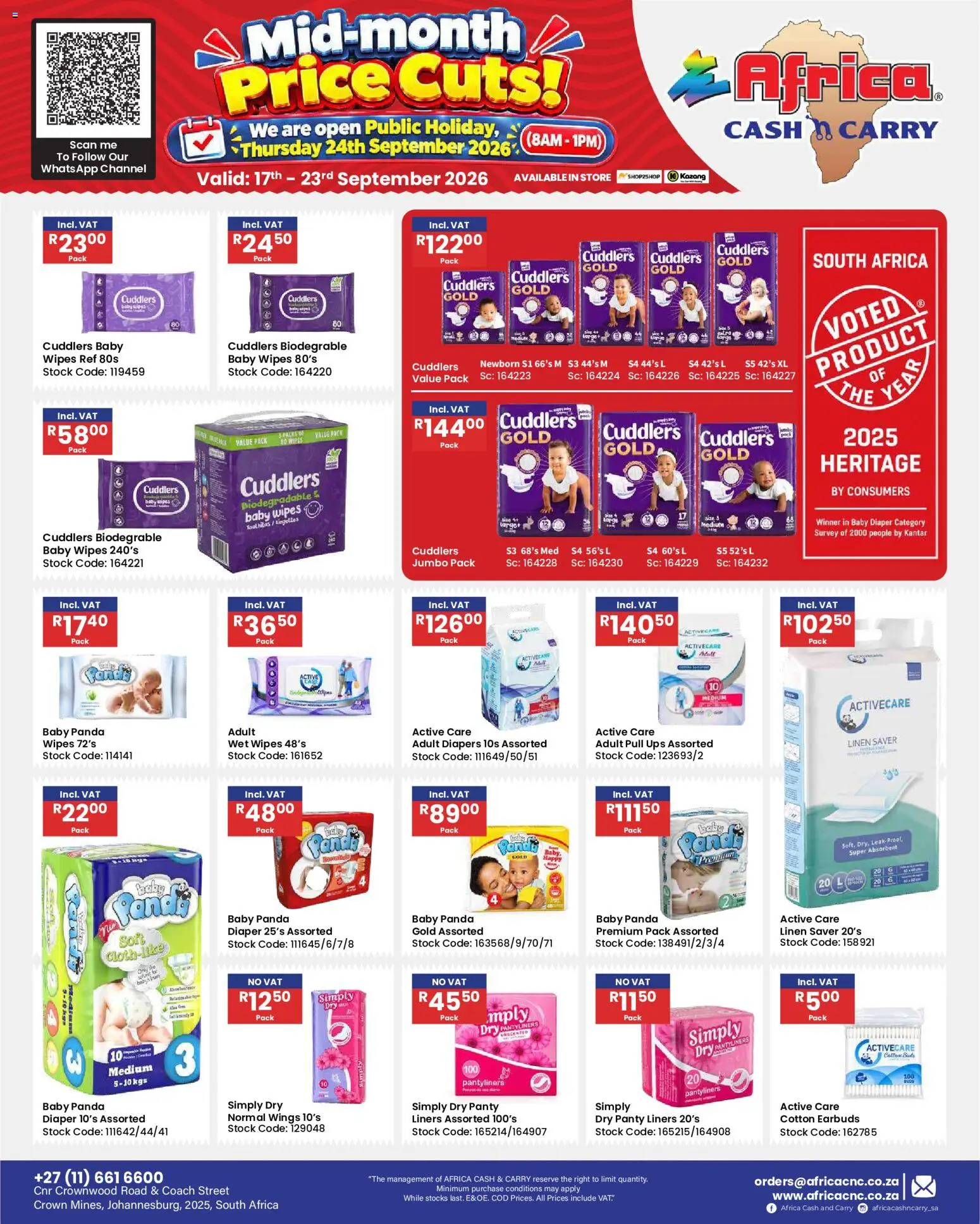 New Africa Cash & Carry catalogue – valid from 17/09/2026 | Page: 70 | Products: Earbuds, Diapers, Stock, Panty liners