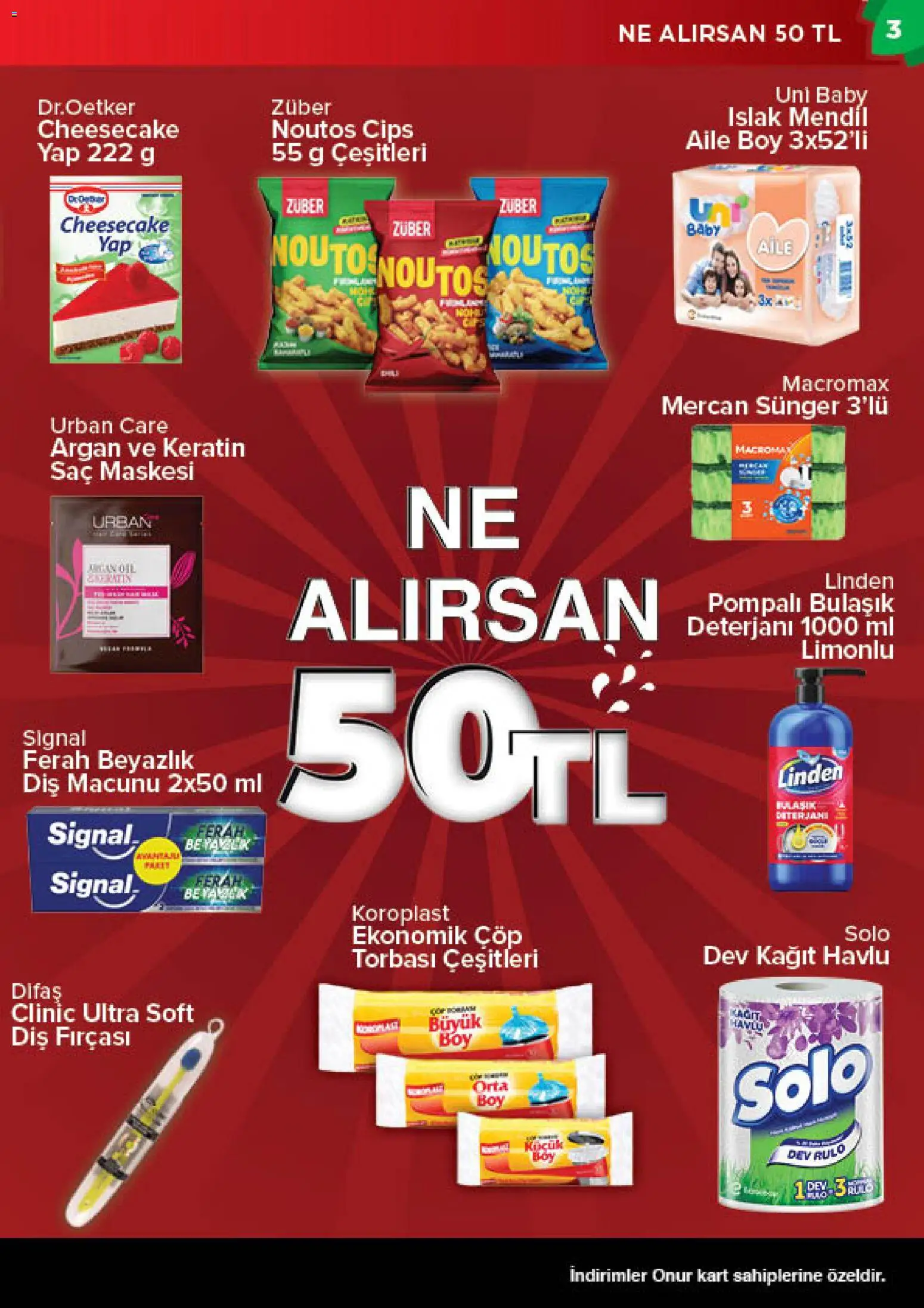 Onur Market Katalog - 28.04.2026 tarihinden itibaren geçerlidir | Sayfa: 3 | Ürünler: Mendil, Saç maskesi, Diş macunu, Diş fırçası