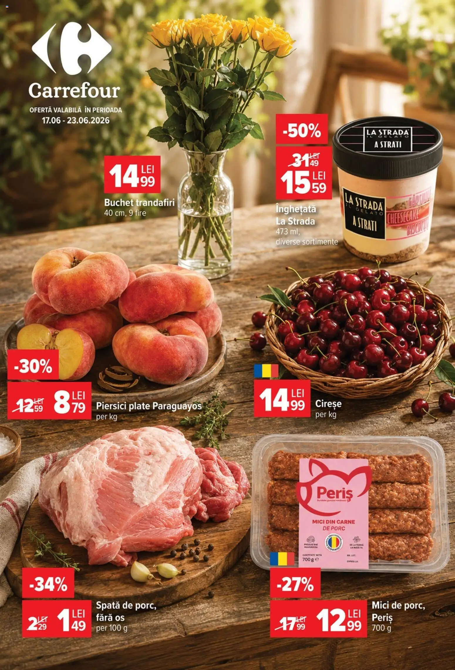 Noul catalog Carrefour – valabil de la 17.06.2026 | Pagină: 1 | Produse: Mici, Carne De Porc, Cireșe, Înghețată