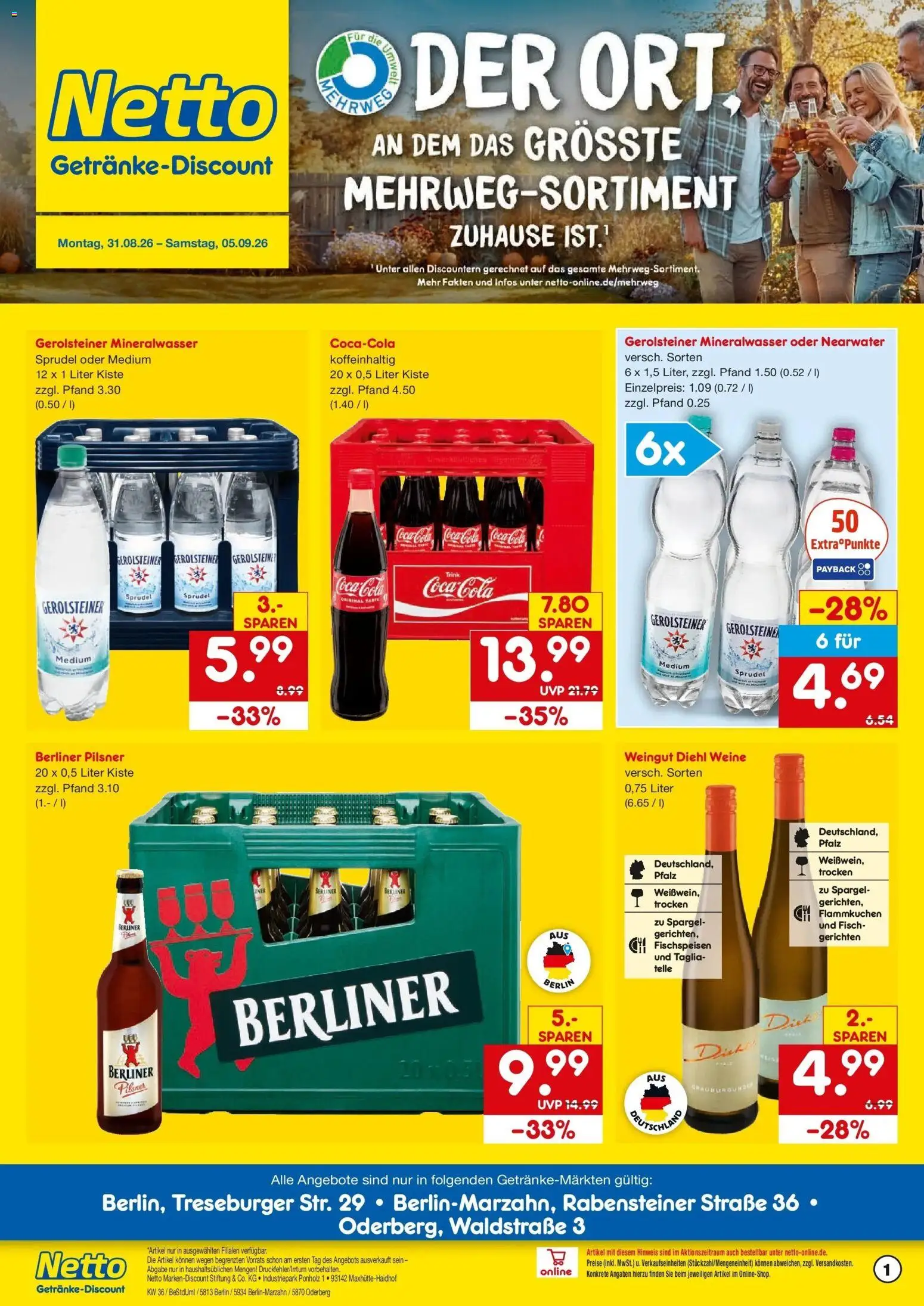 Netto Marken-Discount Prospekt Berlin (ab 31.08.2026) » Angebote | Seite: 1 | Produkte: Coca cola, Mineralwasser, Fisch, Gerolsteiner