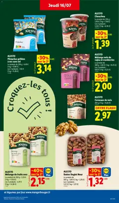 LIDL - Prévisualisation de ALESTO Pistaches grillées à sec sans sel, Le produit de 250 g : 4,49 € (1 kg = 17,96 €), Les 2 produits : 7,63 € (1 kg = 15,26 €) valide à partir de 16/07/2026 | Page: 17