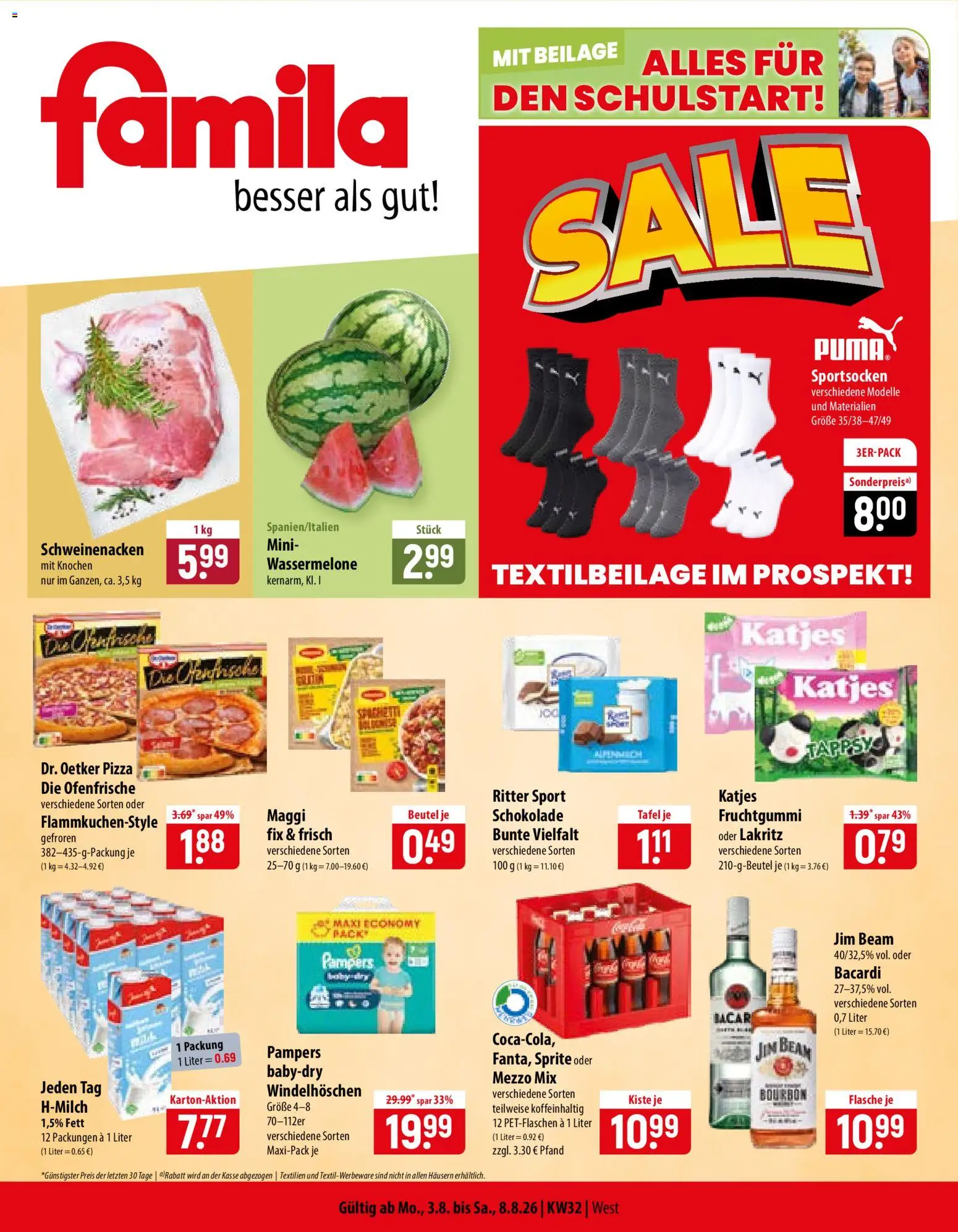 Famila Prospekt – gültig ab 03.08.2026 | Seite: 1 | Produkte: Bacardi, Sprite, Wassermelone, Bourbon
