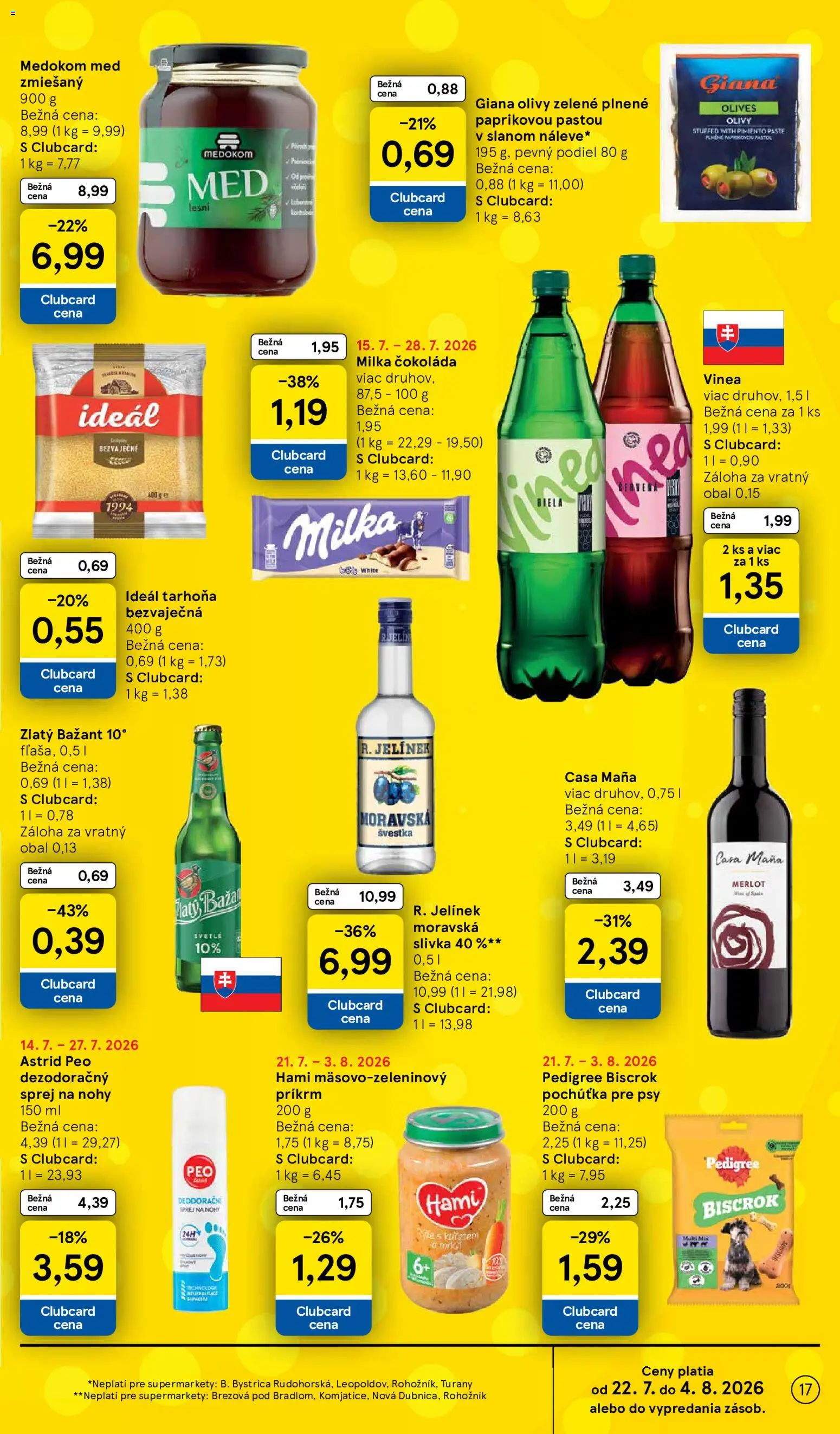 Nové Tesco akcie – leták je platný od 22.07.2026 | Strana: 17 | Produkty: Zlatý Bažant, Čokoláda, Milka, Vinea