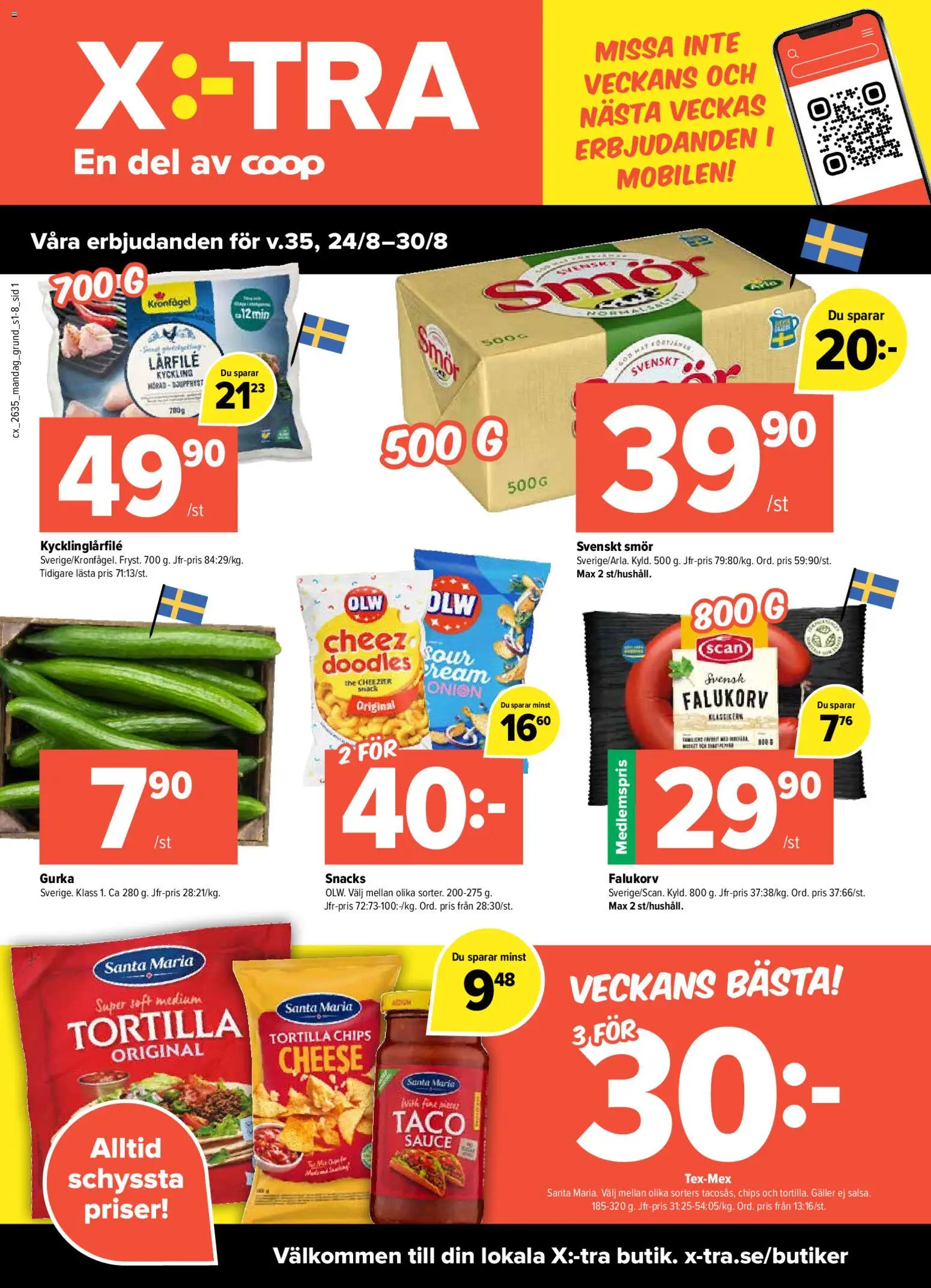 Coop X:-TRA reklamblad aktuell från 24/08/2026 | Sida: 1 | Produkter: Tortilla, Falukorv, Kyckling, Gurka