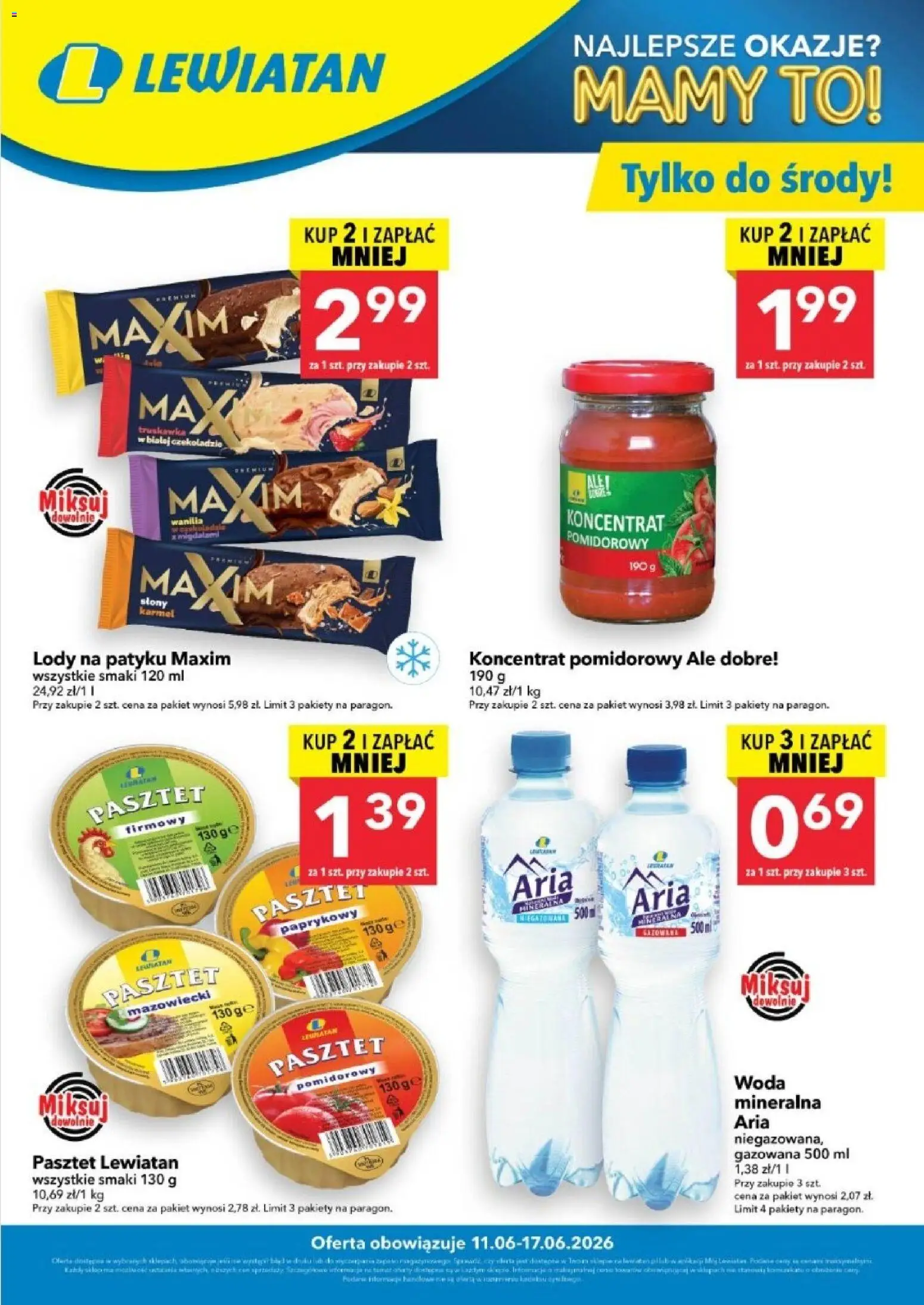 Lewiatan gazetka - W wielopakach taniej od 11.06.2026 | Strona: 1 | Produkty: Koncentrat pomidorowy, Lody na patyku, Lody, Woda
