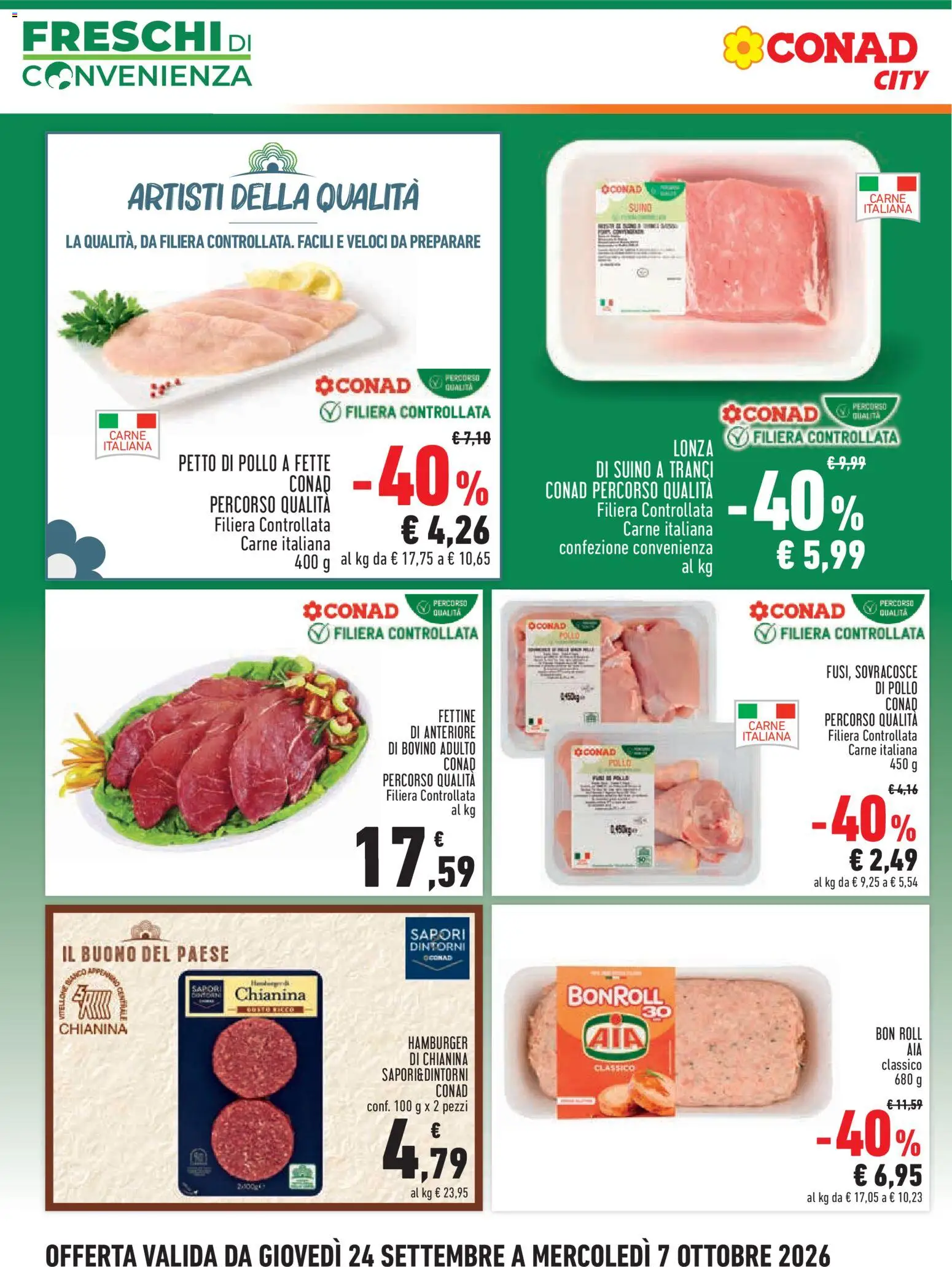 Volantino Conad del 24/09/2026 | Pagina: 4 | Prodotti: Bovino, Pollo, Suino, Hamburger