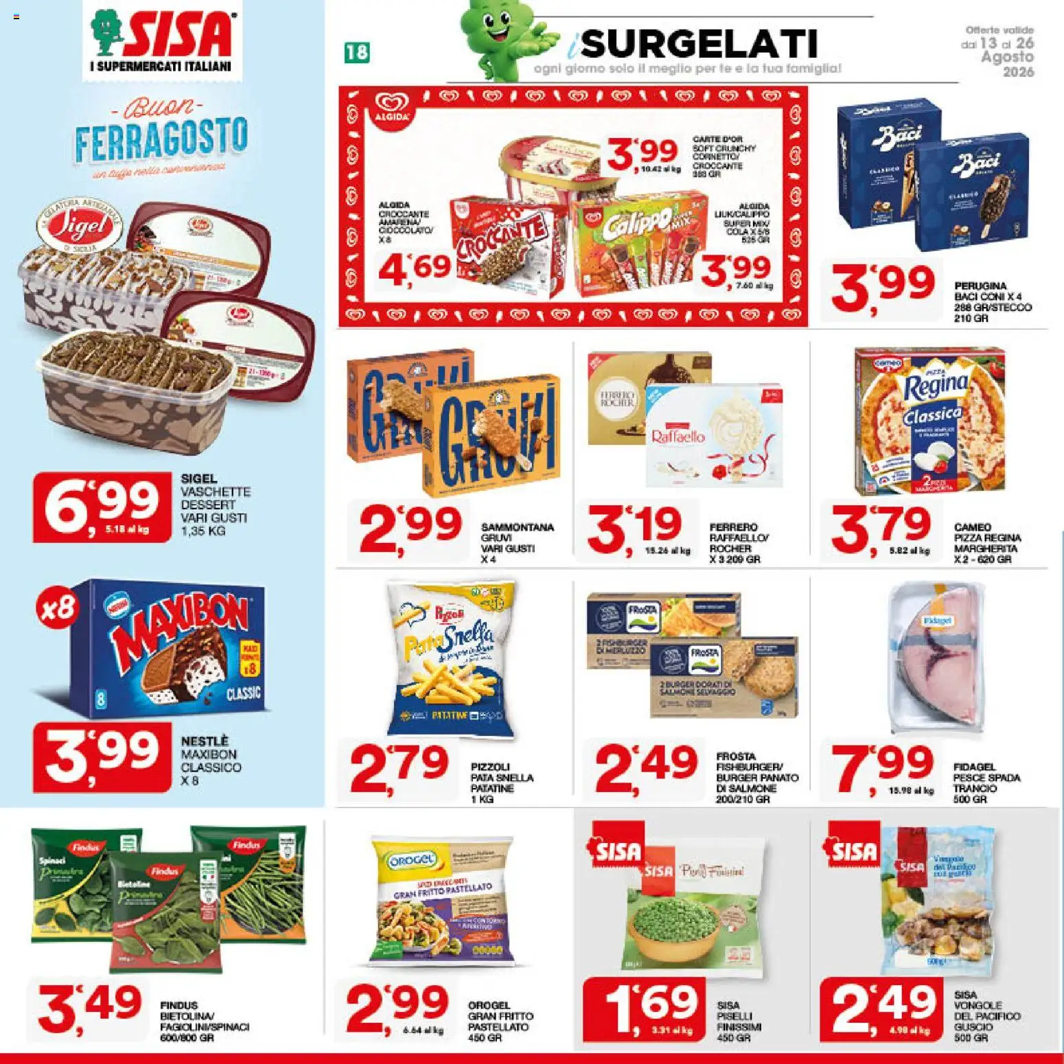 Volantino SISA del 13/08/2026 | Pagina: 18 | Prodotti: Salmone, Pesce, Raffaello, Dessert