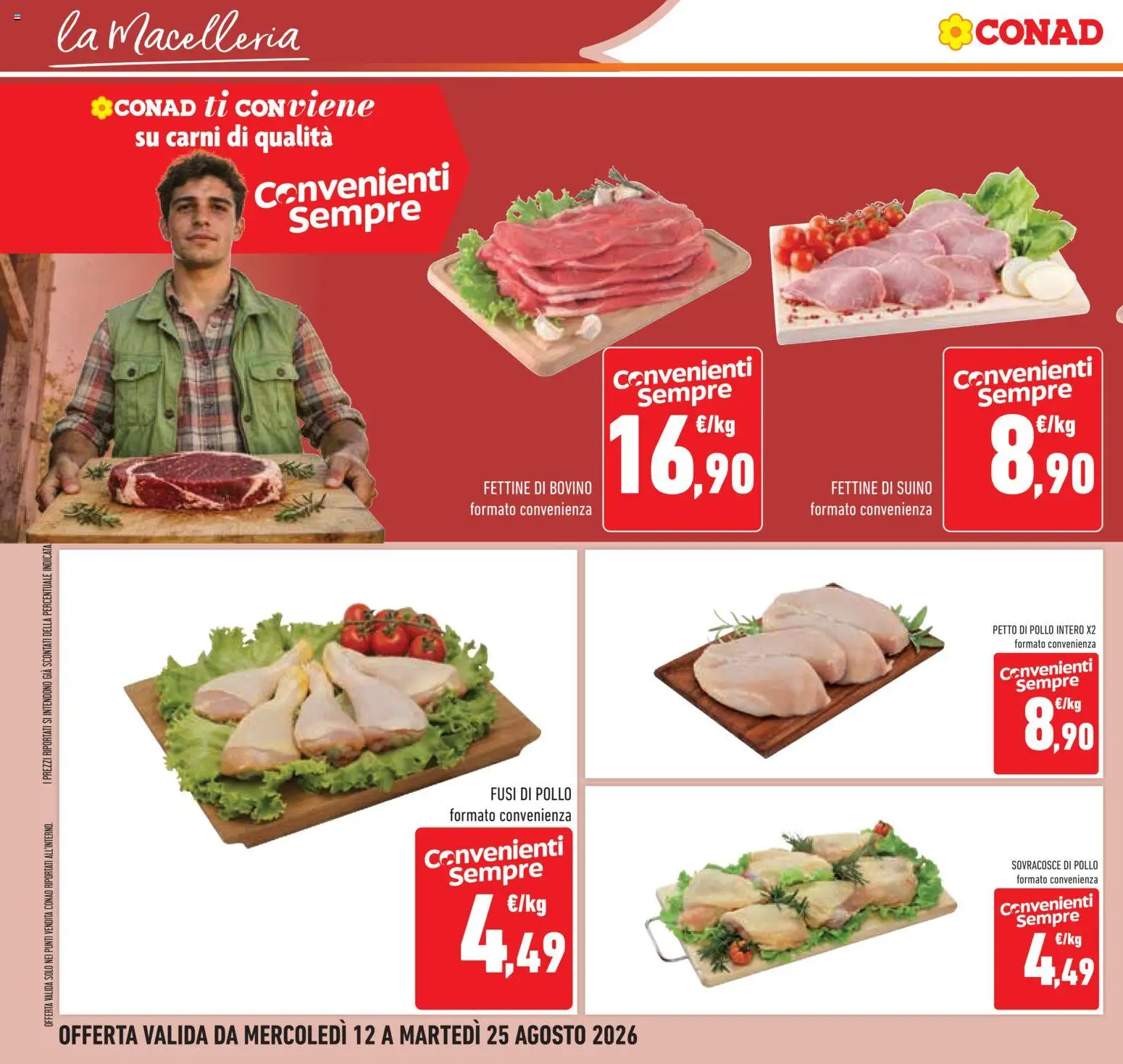 Volantino Conad del 12/08/2026 | Pagina: 12 | Prodotti: Bovino, Pollo, Pollo intero, Suino