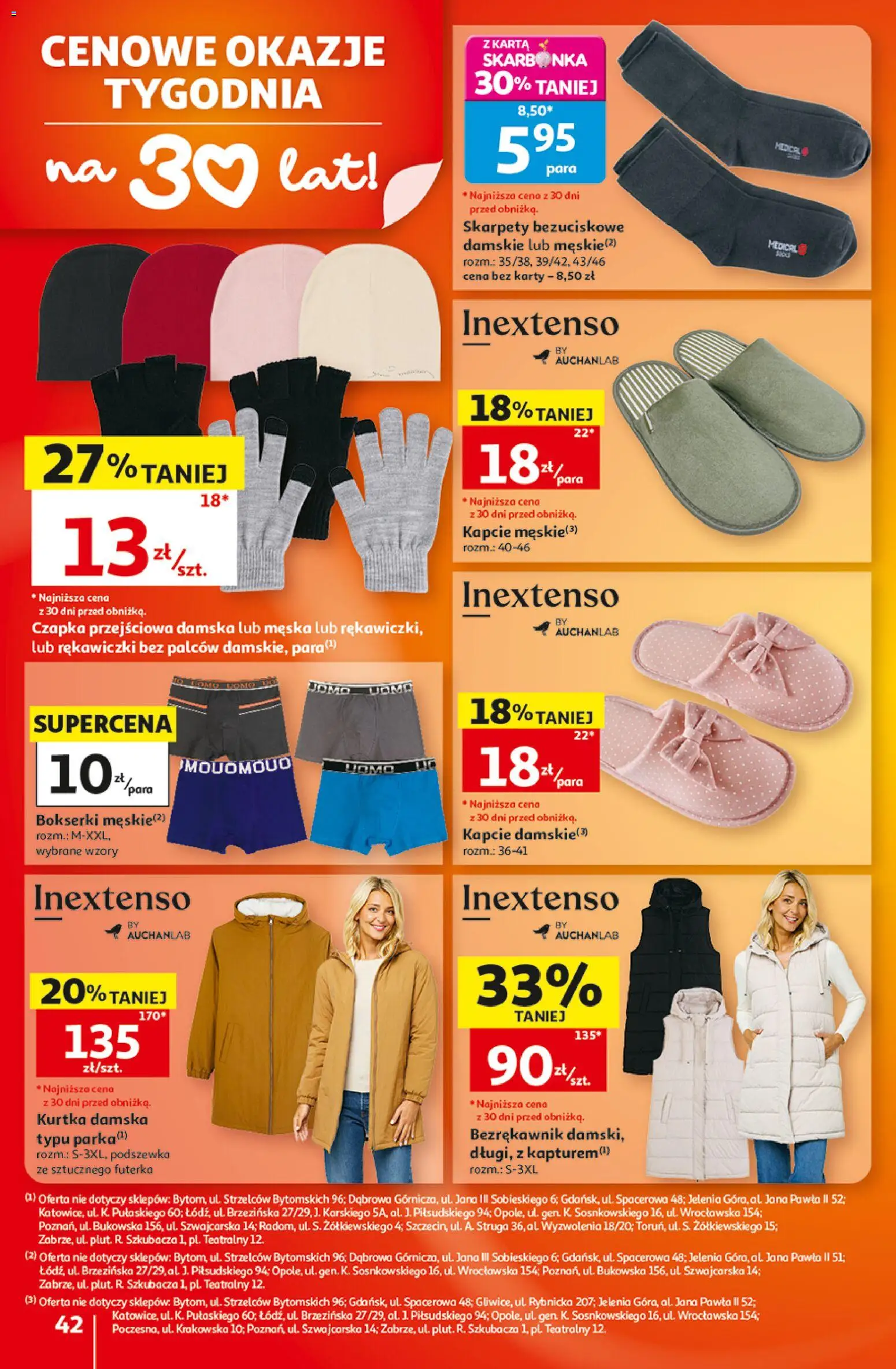 Auchan gazetka - 30 Lat Hipermarket od 10.09.2026 | Strona: 42 | Produkty: Bezrękawnik, Kurtka, Kapcie, Rękawiczki