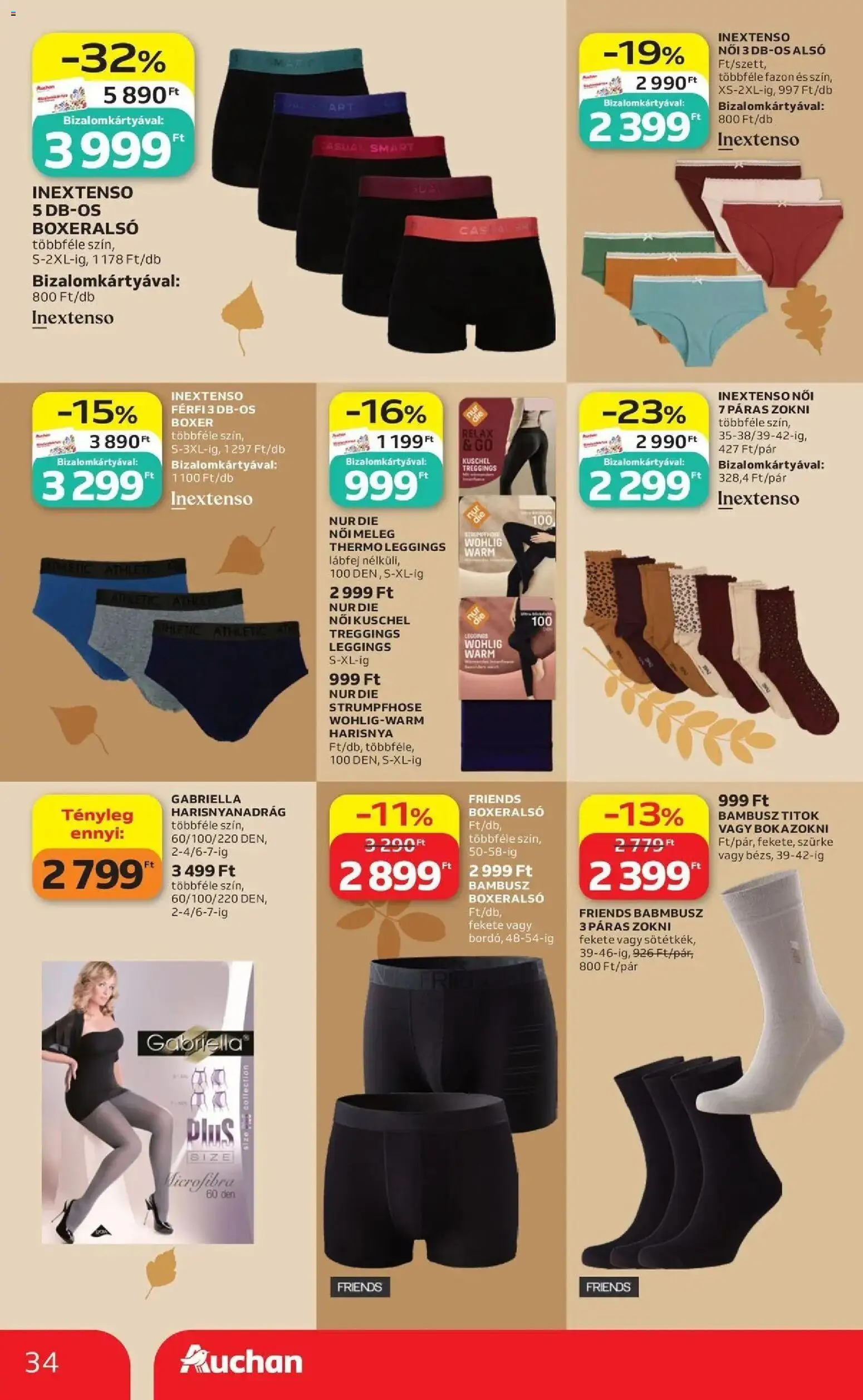 Auchan akciós újság Kecskemét - 2026.10.29. -tól/töl > akció, lapozható szórólap 🛍️ | Oldal: 34 | Termékek: Harisnyanadrág, Boxeralsó, Bokazokni, Leggings