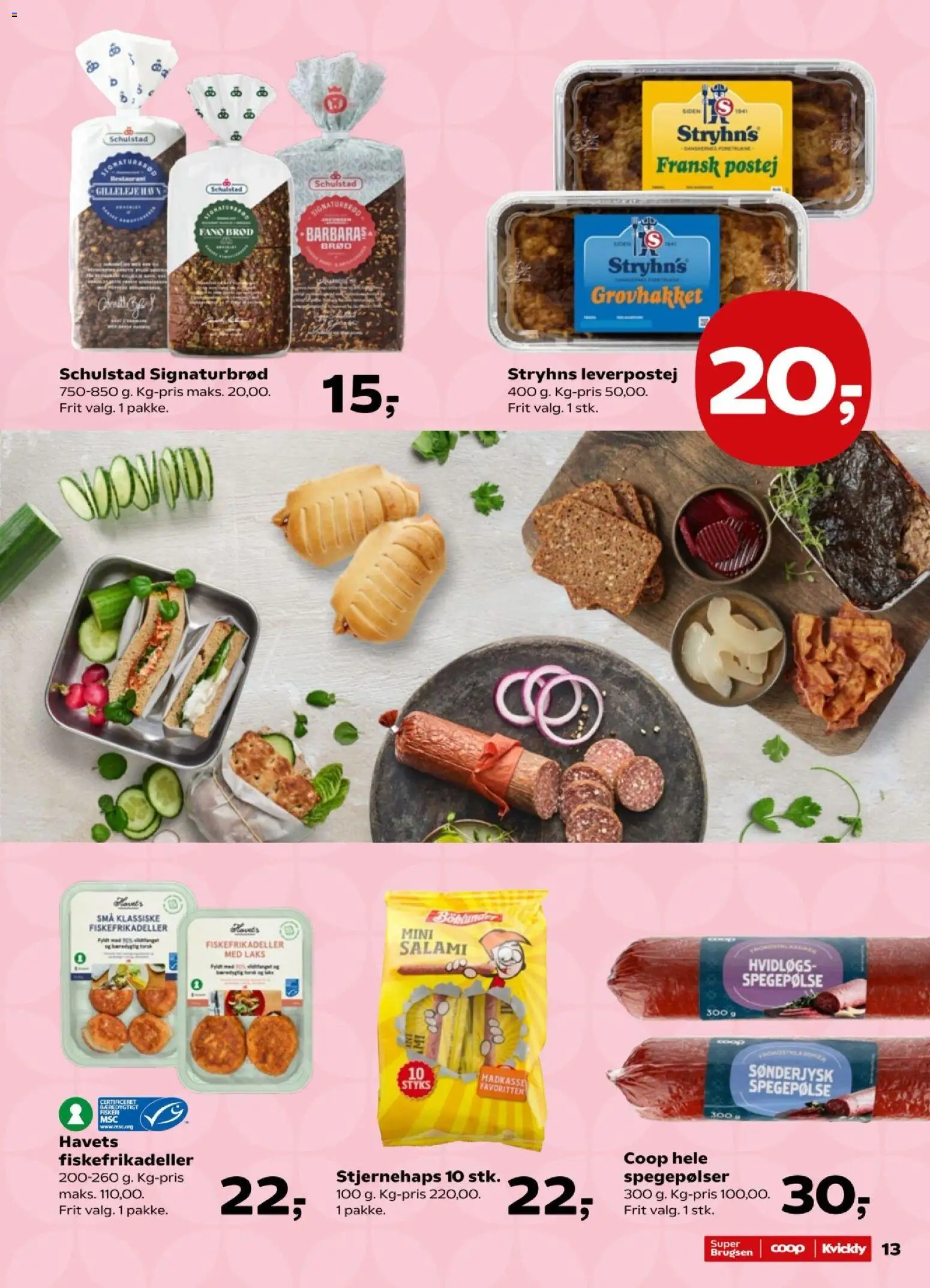 Super Brugsen tilbudsavis – gyldig fra 07/08/2026 | Side: 13 | Produkter: Spegepølse, Leverpostej, Fiskefrikadeller, Laks