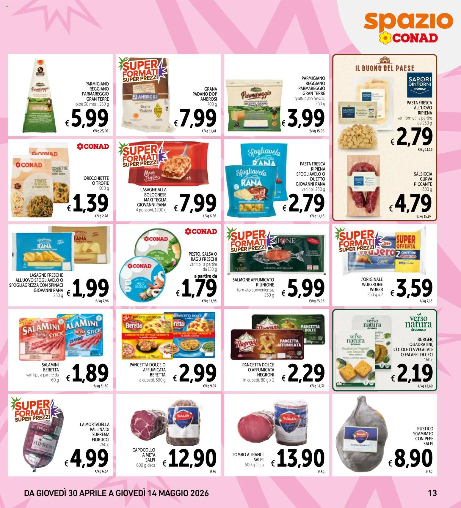 Volantino Spazio Conad del 30.04.2026 | Pagina: 13 | Prodotti: Spinaci, Falafel, Mortadella, Parmigiano
