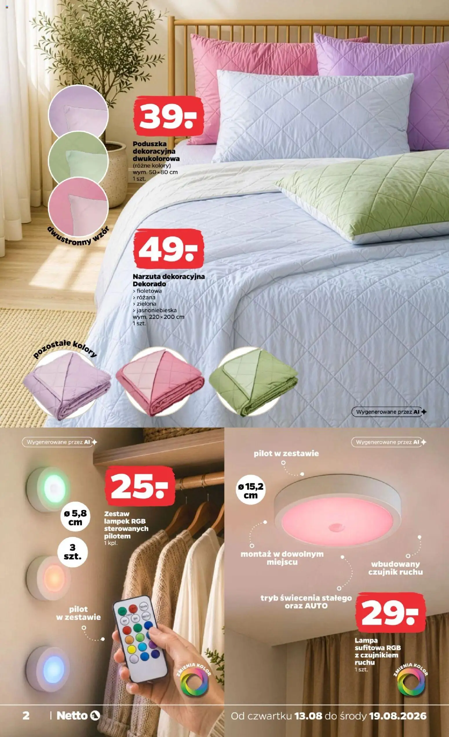 Netto gazetka od czwartku NonFood od 12.08.2026 | Strona: 2 | Produkty: Poduszka, Lampa, Lampa sufitowa, Narzuta