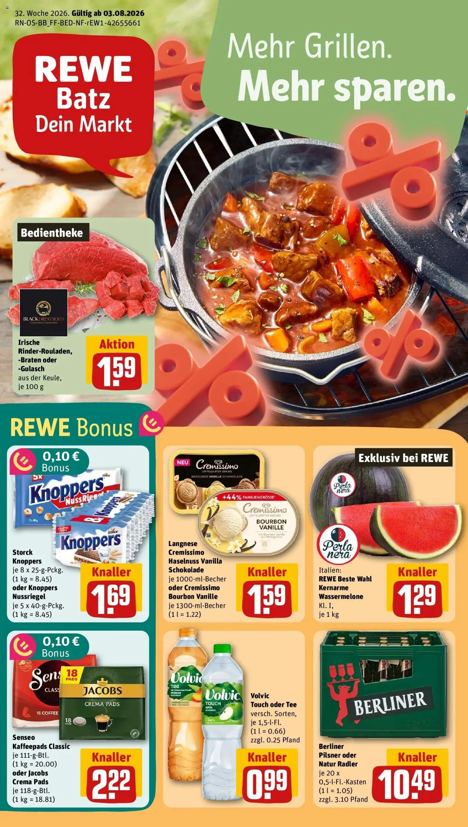 REWE Prospekt ab 03.08.2026 zum Blättern » Angebote | Seite: 1 | Produkte: Senseo, Langnese, Cremissimo, Gulasch