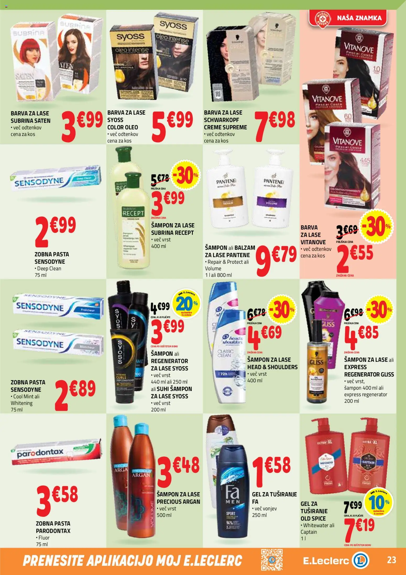 Novi E.leclerc katalog ponudbe – veljaven od 27.05.2026 | Stran: 23 | Izdelki: Sampon, Gel za tusiranje, Zobna pasta, Barva