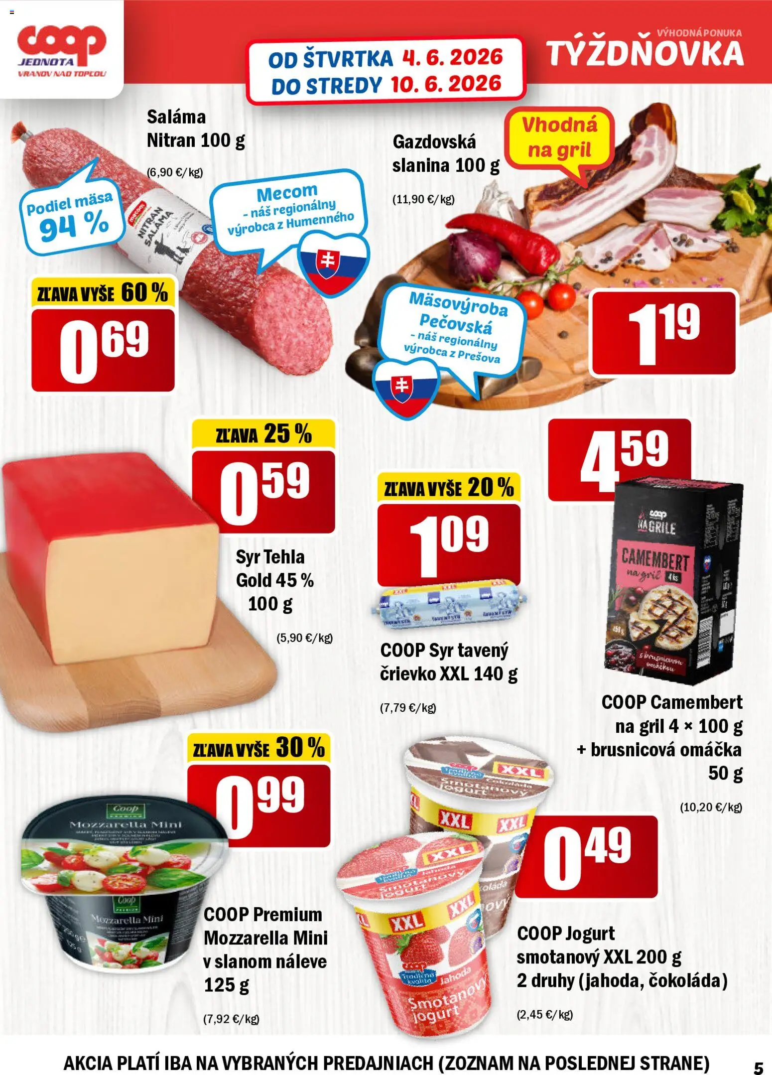 Nové COOP Jednota akcie – leták je platný od 04.06.2026 | Strana: 5 | Produkty: Gril, Slanina, Mozzarella, Omáčka