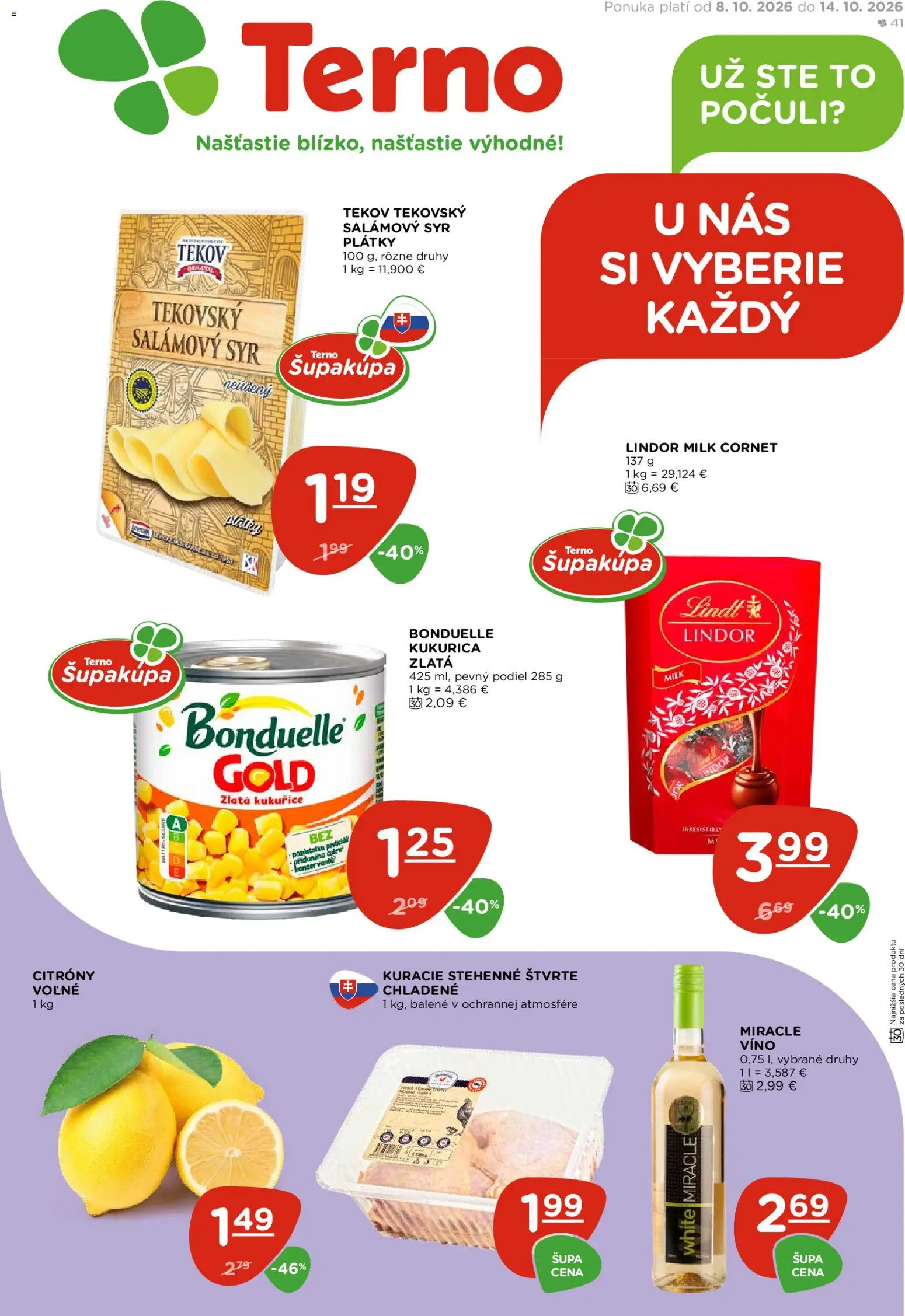 Nové Terno akcie – leták je platný od 08.10.2026 | Strana: 1 | Produkty: Syr, Lindor, Citróny, Kukurica