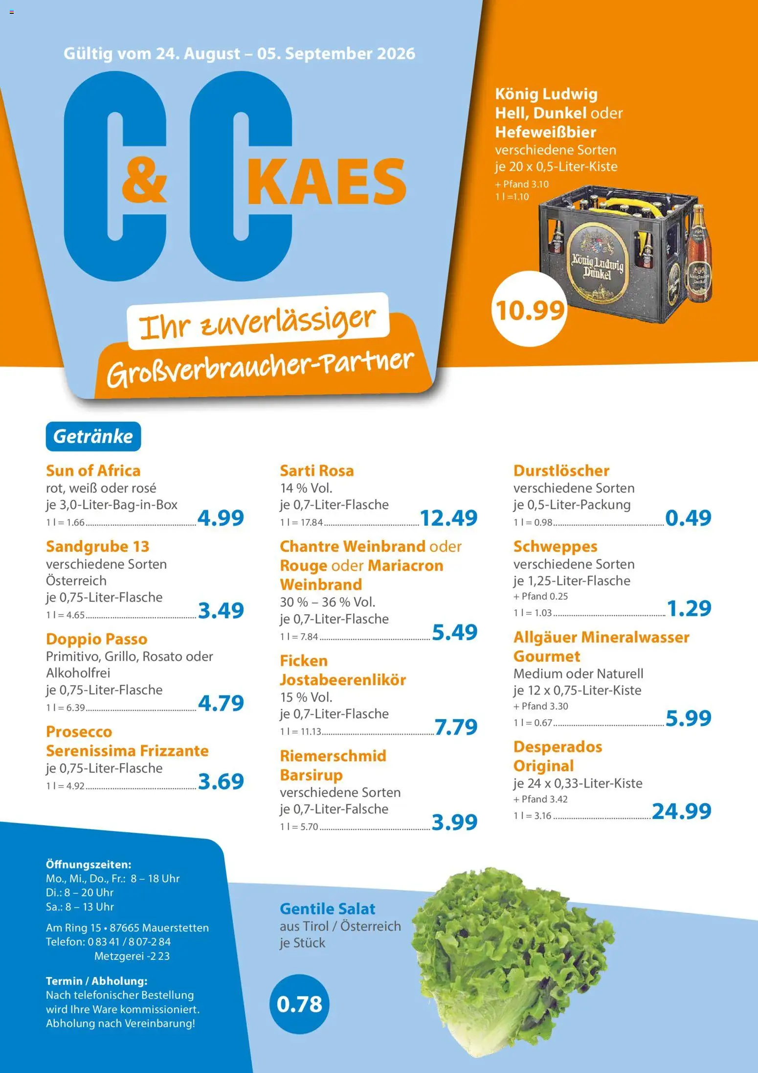 C&C Prospekt – gültig ab 24.08.2026 | Seite: 1 | Produkte: Durstloscher, Schweppes, Mineralwasser, Telefon