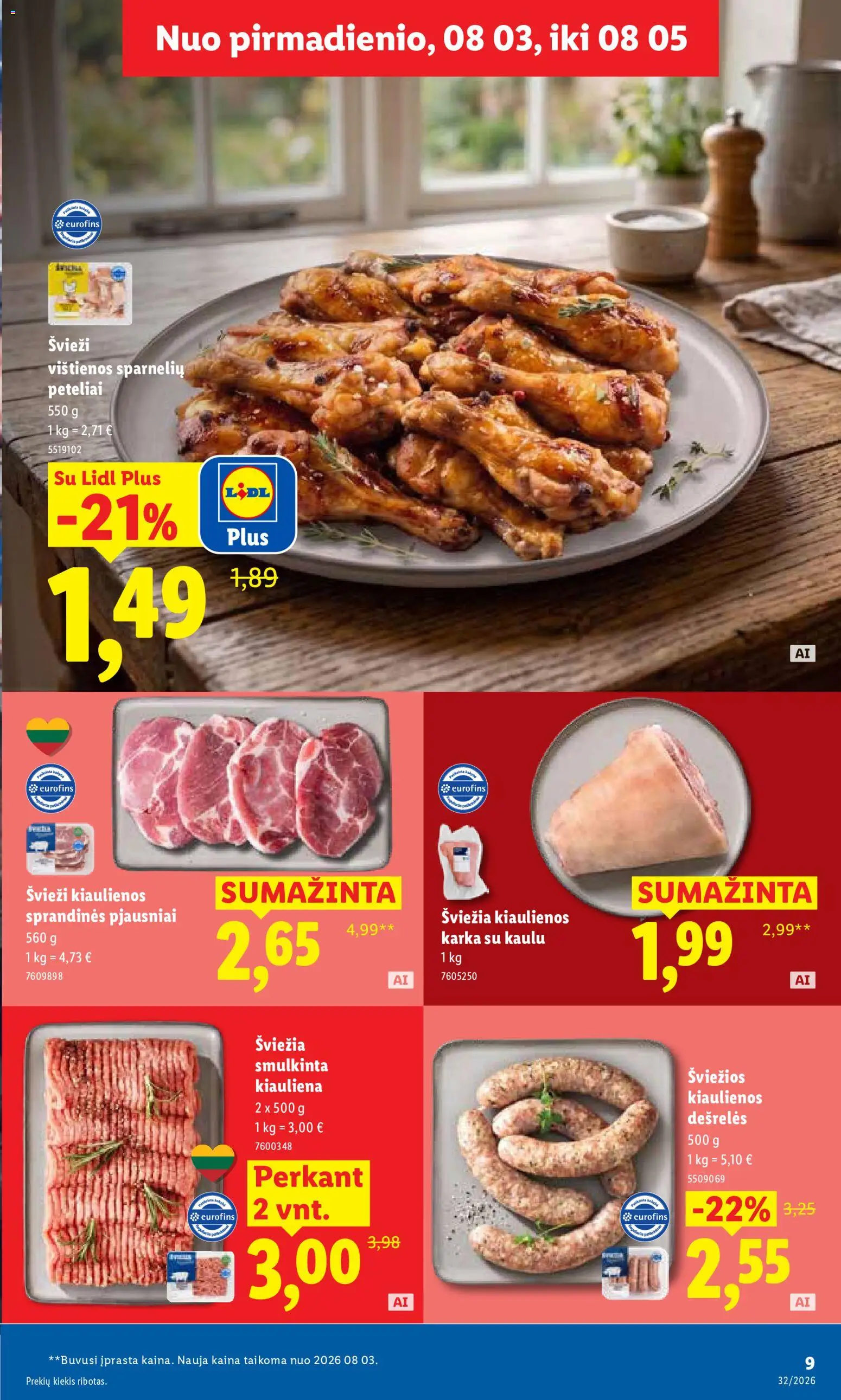 LIDL akcijos nuo 2026.08.03 | Puslapis: 9 | Prekių: Vištienos, Kiaulienos, Dešrelės, Kiauliena