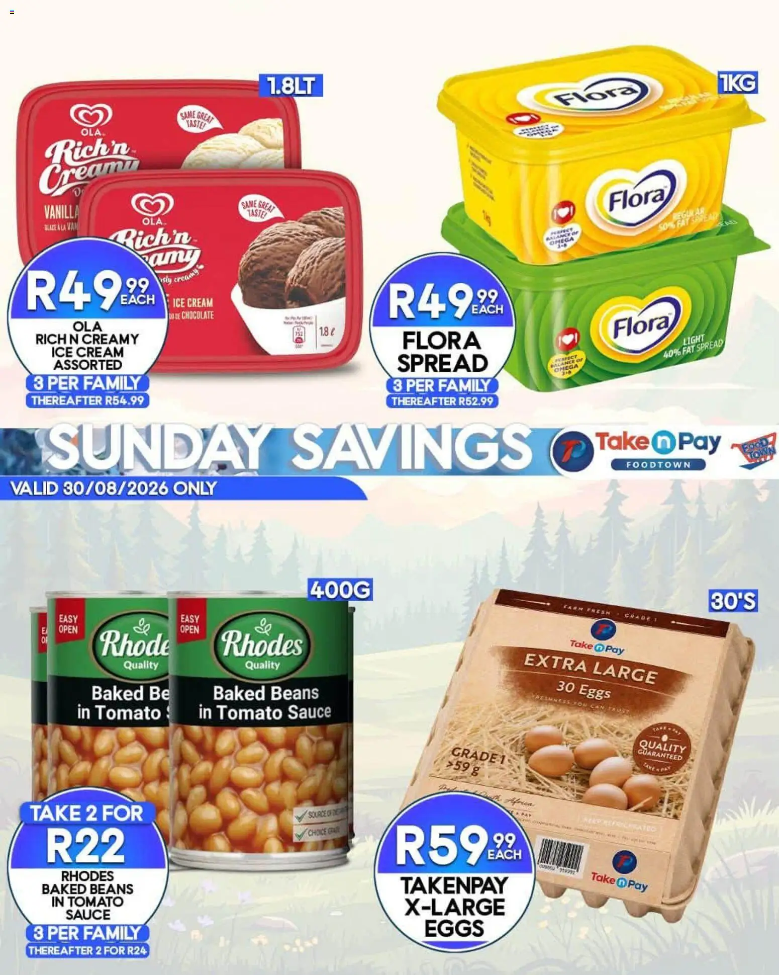 New Take n Pay catalogue – valid from 30/08/2026 | Page: 2 | Products: Eggs, Chocolate, Tomato sauce, Cream