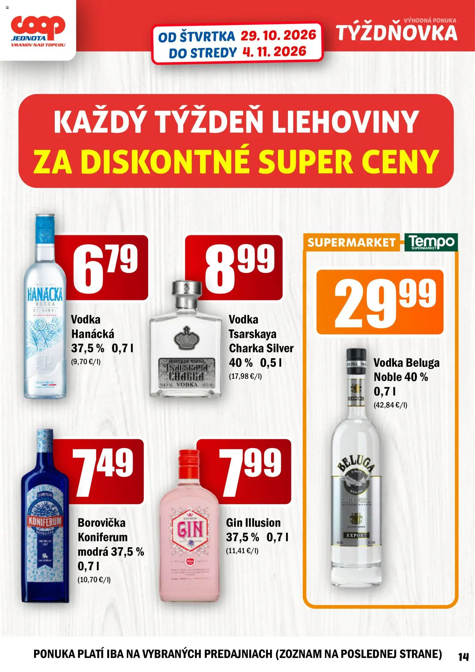 Nové COOP Jednota akcie – leták je platný od 29.10.2026 | Strana: 14 | Produkty: Borovička, Koniferum, Gin, Vodka