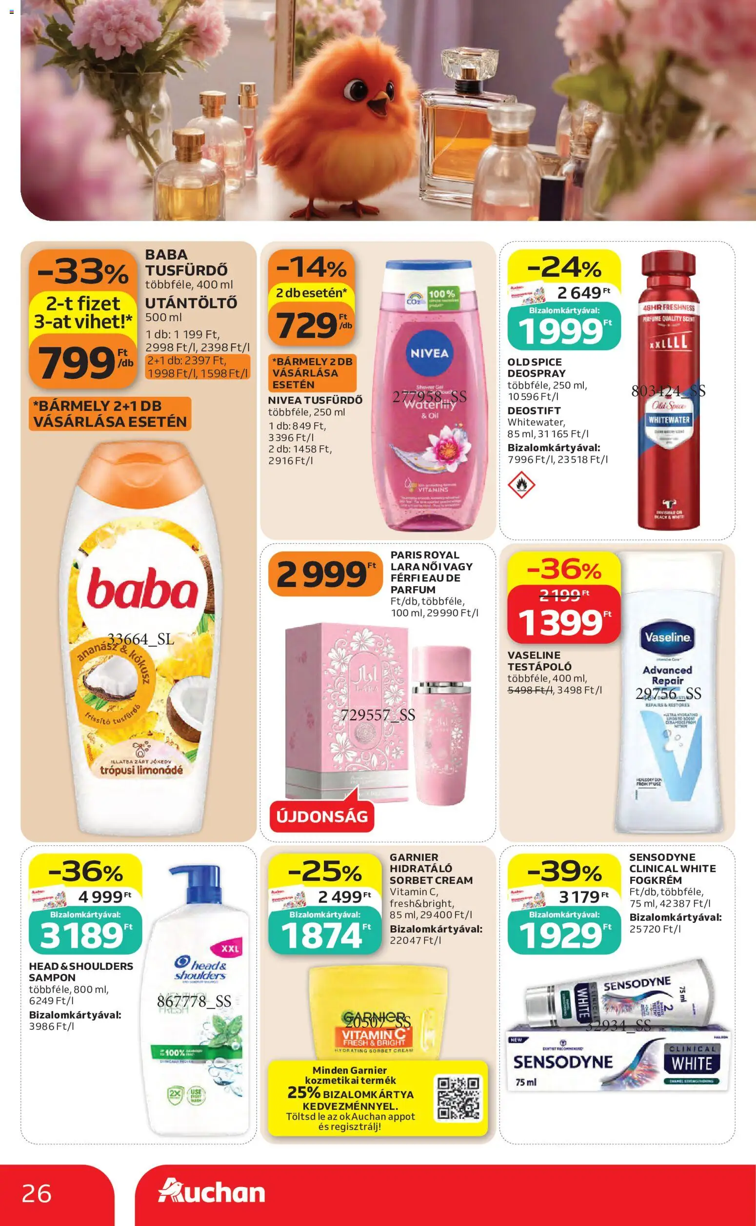 Auchan akciós ujság - amely érvényes a következő dátumtól: 2026.08.27. | Oldal: 26 | Termékek: Lé, Parfüm, Tusfürdő, Baba