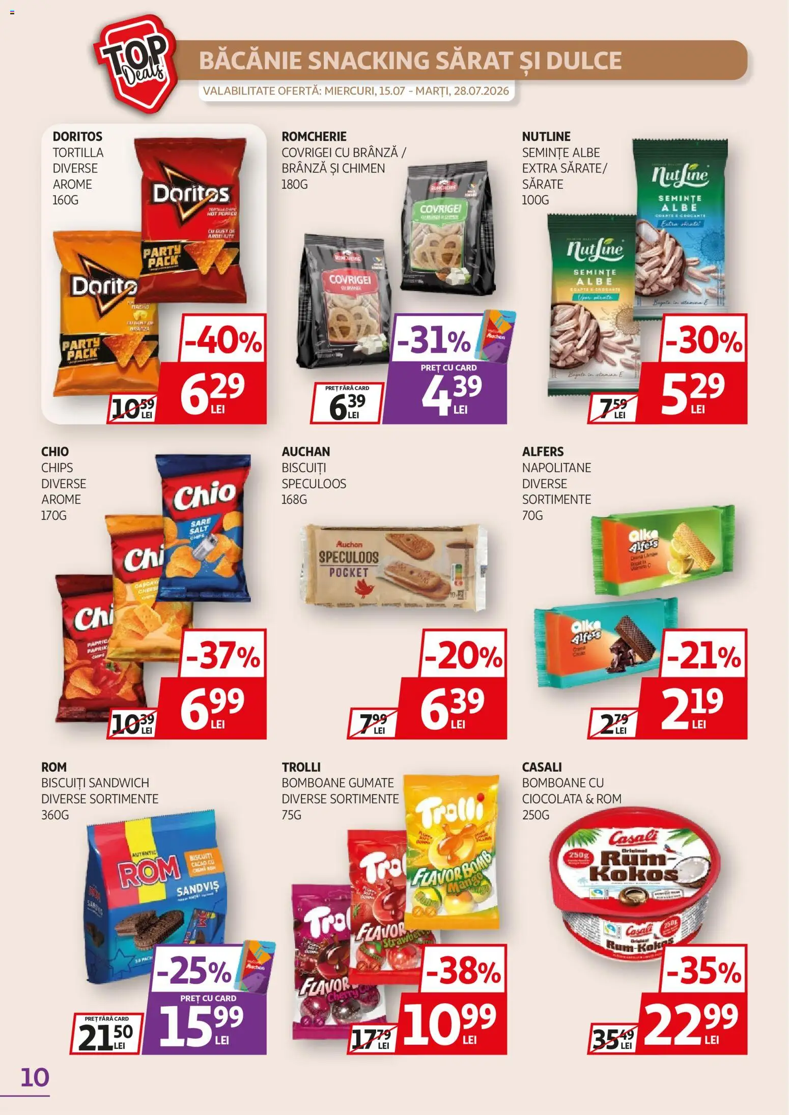 Noul catalog Auchan – valabil de la 15.07.2026 | Pagină: 10 | Produse: Covrigei, Brânză, Bomboane, Sare