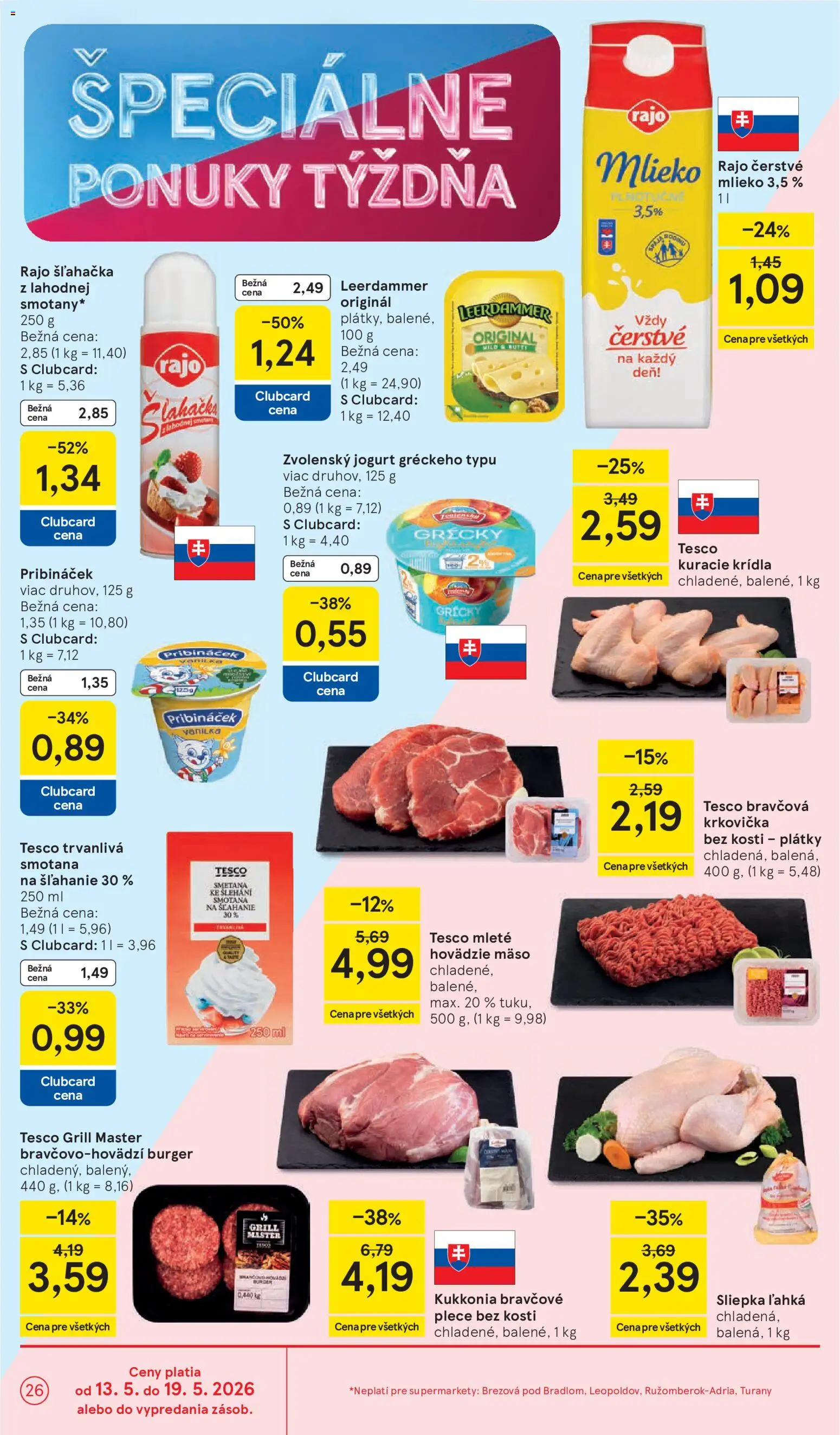 Nové Tesco akcie – leták je platný od 13.05.2026 | Strana: 26 | Produkty: Mlieko, Smotana, Hovädzie mäso, Krkovička