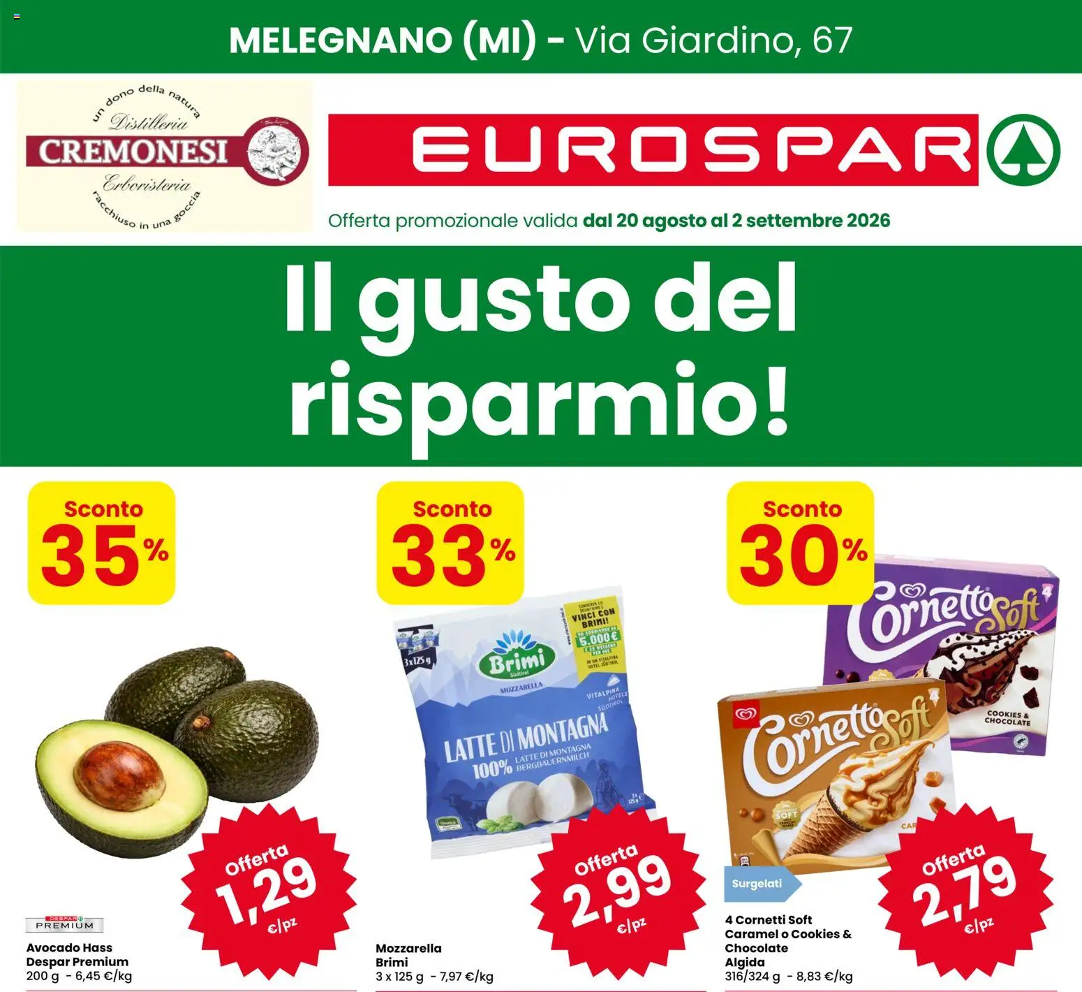 Volantino Eurospar del 20/08/2026 | Pagina: 1 | Prodotti: Avocado, Mozzarella, Latte, Conserve