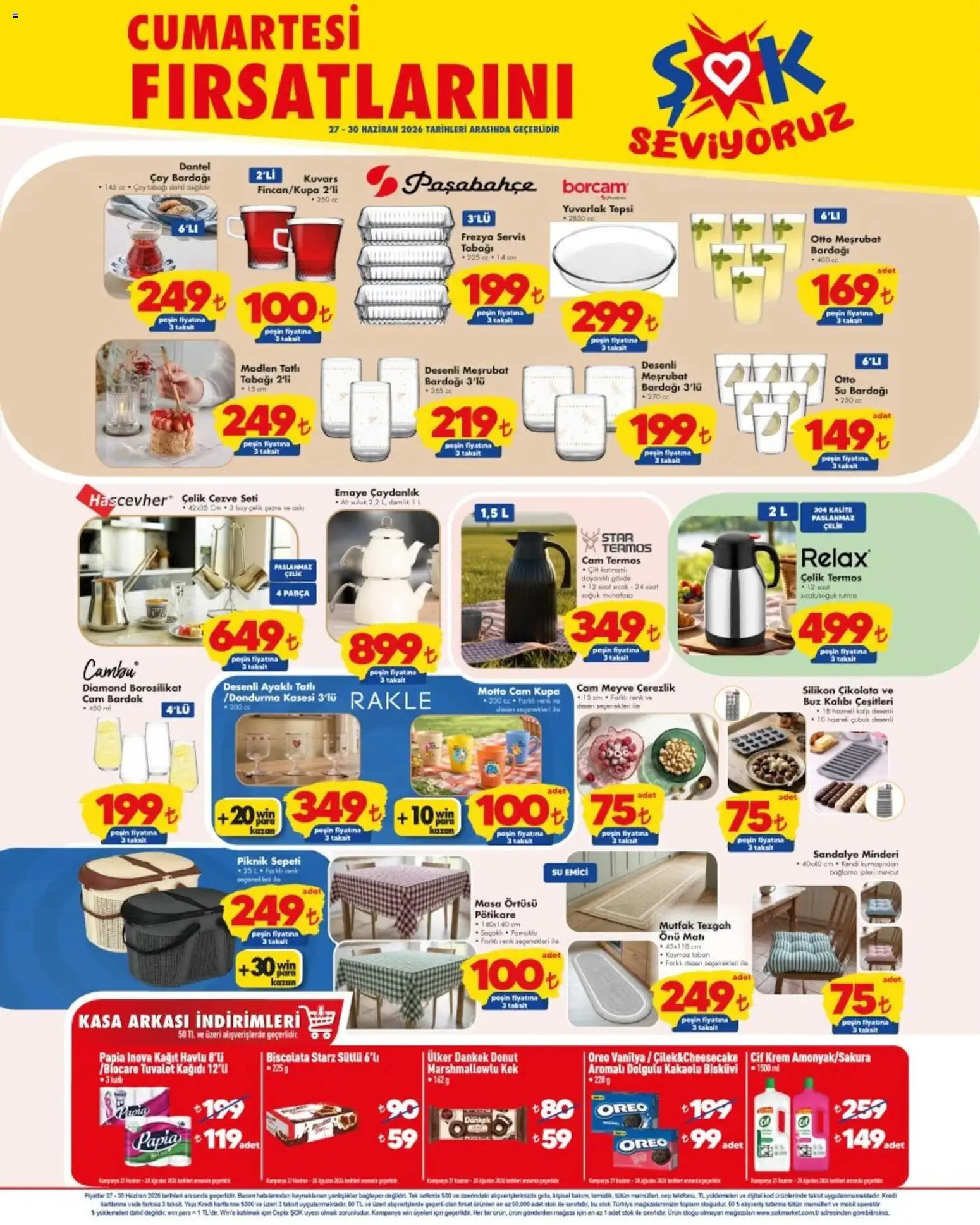 Şok Market - Hafta sonu fırsatları - 27 Haziran 2026 tarihinden itibaren geçerlidir | Sayfa: 1 | Ürünler: Termos, Masa örtüsü, Çay bardağı, Bisküvi