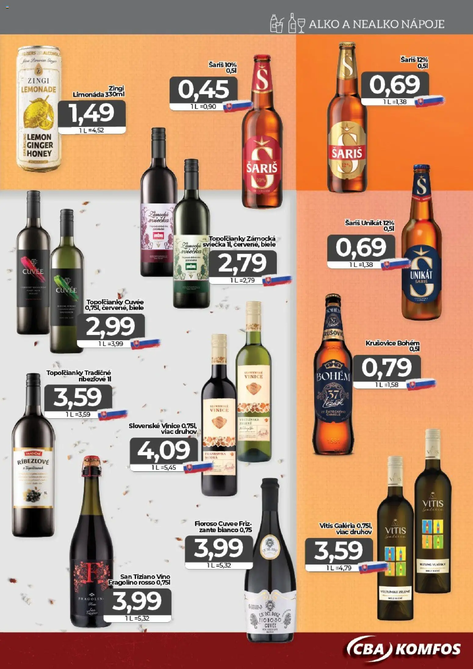 Nové CBA Komfos akcie – leták je platný od 18.09.2026 | Strana: 12 | Produkty: Víno, Nápoje, Šariš, Limonáda