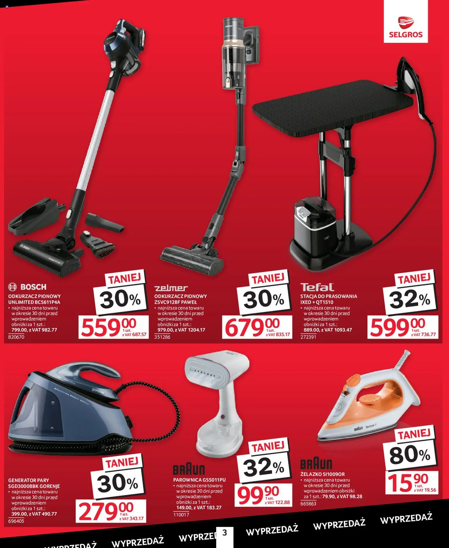 Selgros cash&carry gazetka - Totalna Wyprzedaż od 22.10.2026 | Strona: 3 | Produkty: Żelazko, Odkurzacz pionowy, Parownica, Generator pary
