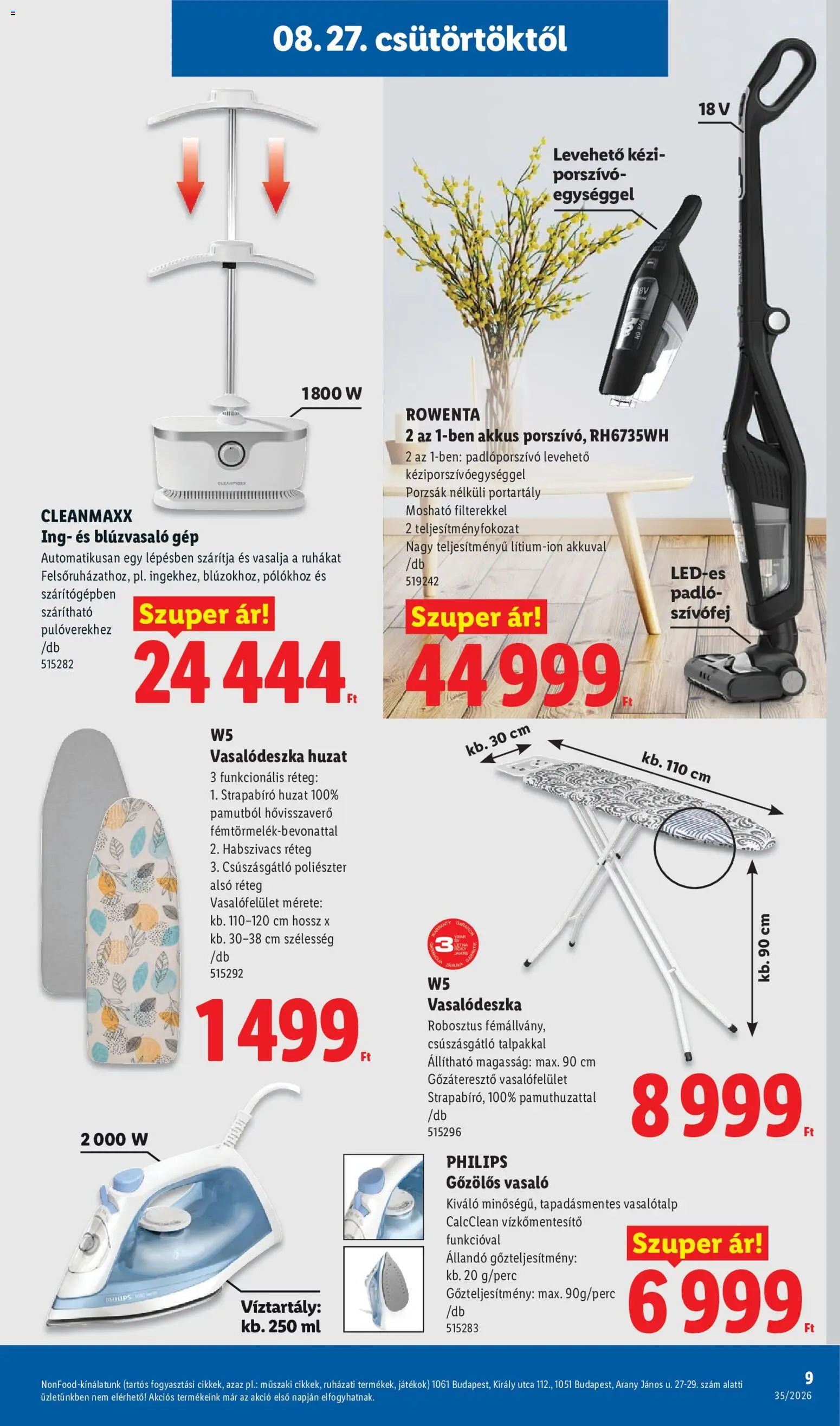 Lidl akciós ujság - amely érvényes a következő dátumtól: 2026.08.27. | Oldal: 9 | Termékek: Philips, Vasalódeszka, W5, Ing