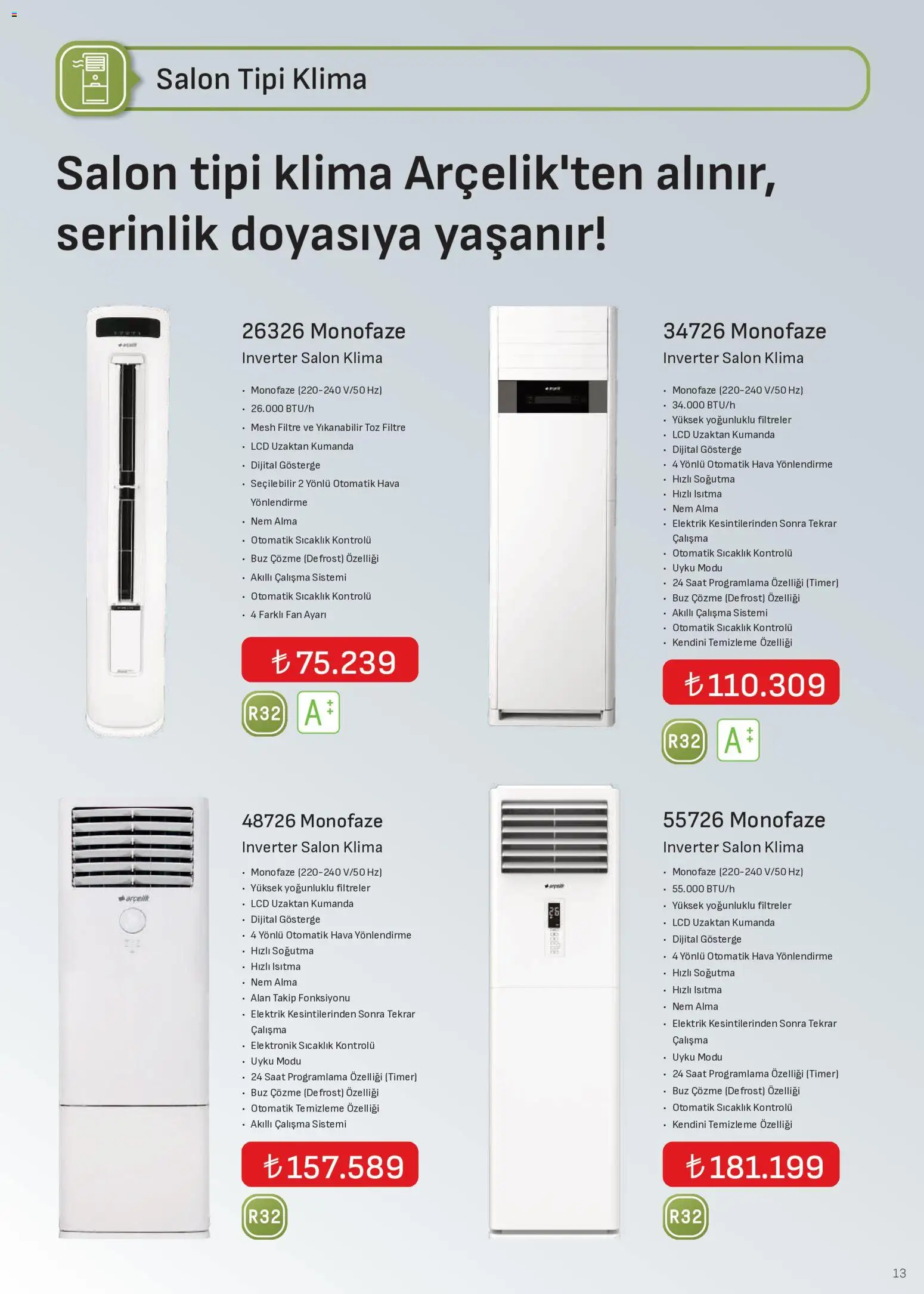 Arçelik - İklimlendirme Kataloğu - 16 Eylül 2026 tarihinden itibaren geçerlidir | Sayfa: 13 | Ürünler: Saat, Klima, Fan