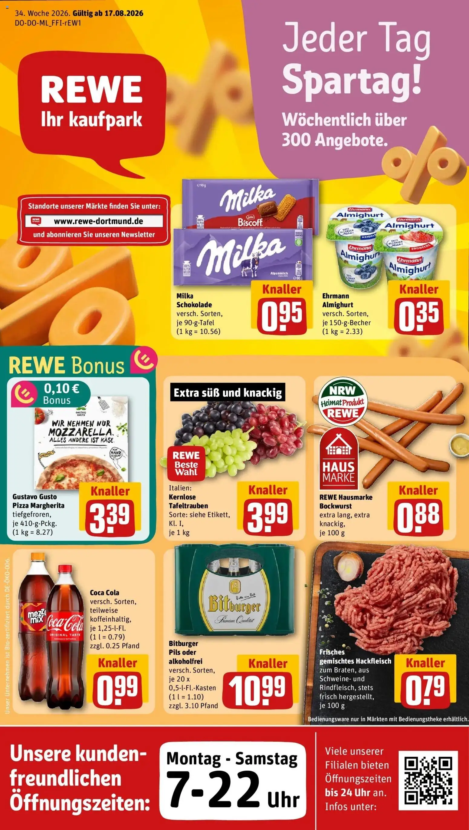 REWE Prospekt ab 17.08.2026 zum Blättern » Angebote | Seite: 1 | Produkte: Bockwurst, Bitburger, Schokolade, Pizza